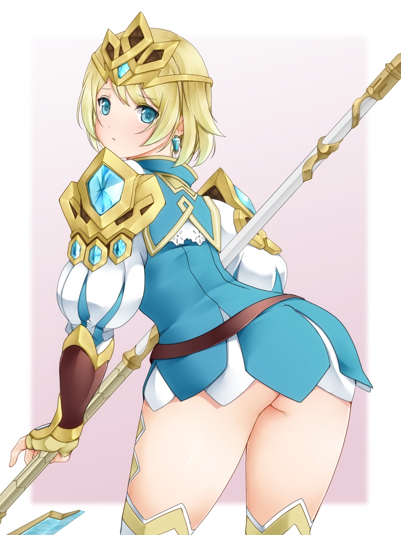 armor ashita_yaru ass blonde_hair blue_dress blue_eyes boots circlet cowboy_shot dress earrings female fingerless_gloves fire_emblem fire_emblem_heroes fjorm_(fire_emblem) from_behind gauntlets gloves jewelry looking_at_viewer looking_back nintendo no_panties polearm puffy_sleeves short_dress short_hair shoulder_armor simple_background solo spear tareme thigh_boots thighhighs upskirt weapon white_legwear