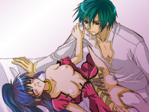 1boy 1girls bed bed_sheet blue_hair blush breasts breasts_out closed_eyes clothed_male ephraim_(fire_emblem) female fire_emblem fire_emblem:_the_sacred_stones functionally_nude_female green_hair holy_pledge long_hair male medium_breasts open_mouth ponytail sex shirt skirt skirt_up smile straight tana_(fire_emblem) white_shirt yellow_skirt