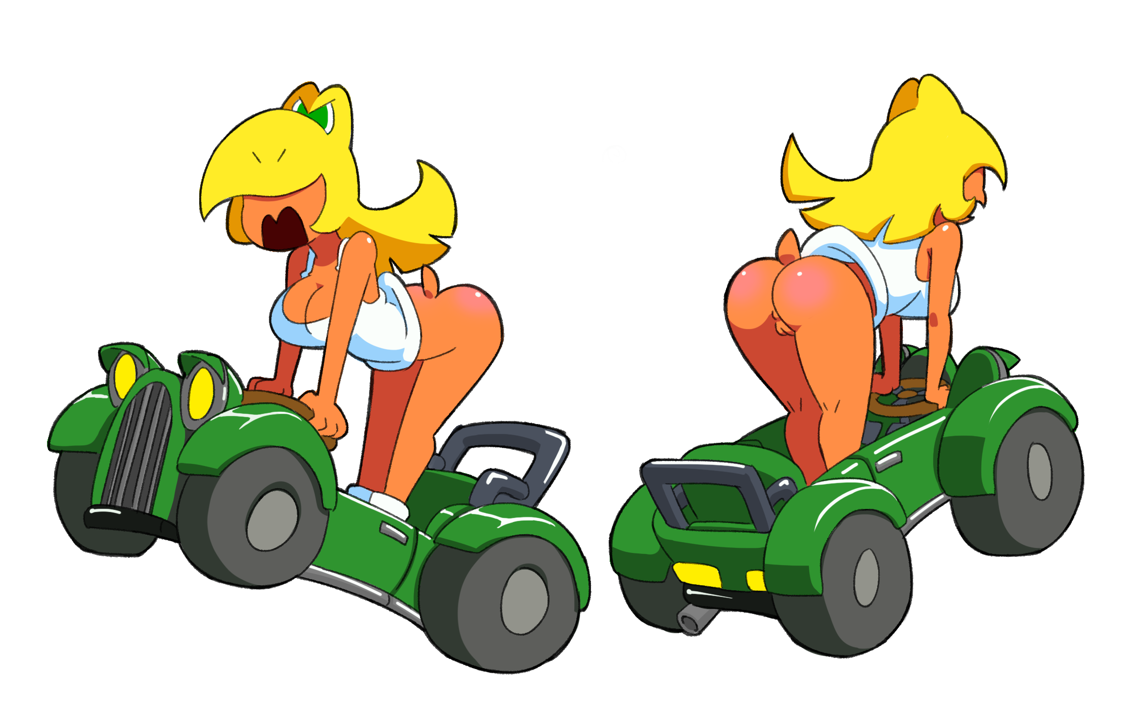 1girls, angry, anus, ass, back view, blonde hair, bottomless, breasts, car, cleavage, digital media (artwork), driving, eyebrows, eyebrows visible through hair, female, female focus, female only, from behind, front view, hair, hair over eyes, highres, humanized, koopa, koopa girl, mario (series), medium breasts, minus8, nintendo, no panties, open mouth, pussy, solo, solo focus, super mario maker, super mario maker 2, tail, tank top, transparent background, vagina, white shirt