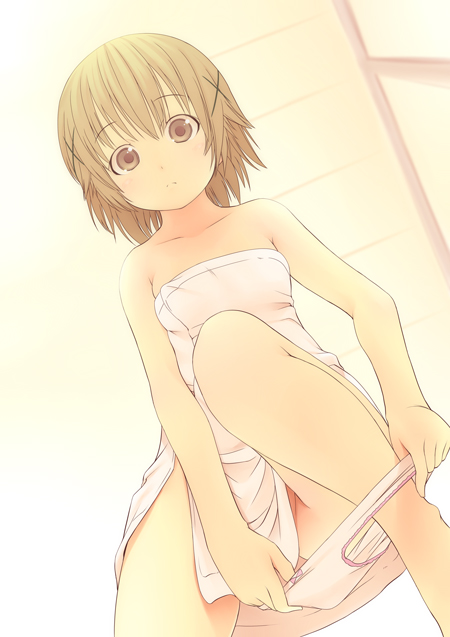 brown_eyes brown_hair dressing hidamari_sketch naked_towel nekoge panties panties_around_one_leg panty_pull short_hair towel underwear undressing yuno