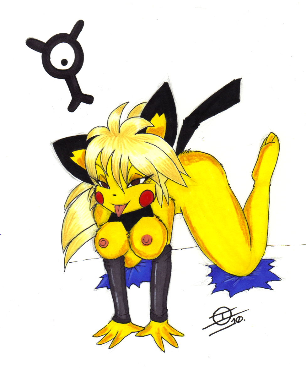 2010 anthrofied blonde_hair breasts female ivanks long_hair nintendo pichu pokemon pokemon_adventures pokemon_rgby pokemon_transformation pokemorph ponytail transformation unown yellow_(pokemon)