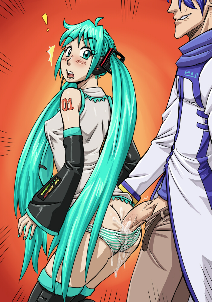 ass breasts buttjob clothes_penetration cum cum_in_panties cum_wearing cum_wearing_(panties) cumdrip ejaculation erect_nipples erection grinding hatsune_miku kaito_(vocaloid) kaito_v1 outercourse penis penis_in_panties spidu vocaloid vocaloid_1 vocaloid_2 zettai_ryouiki