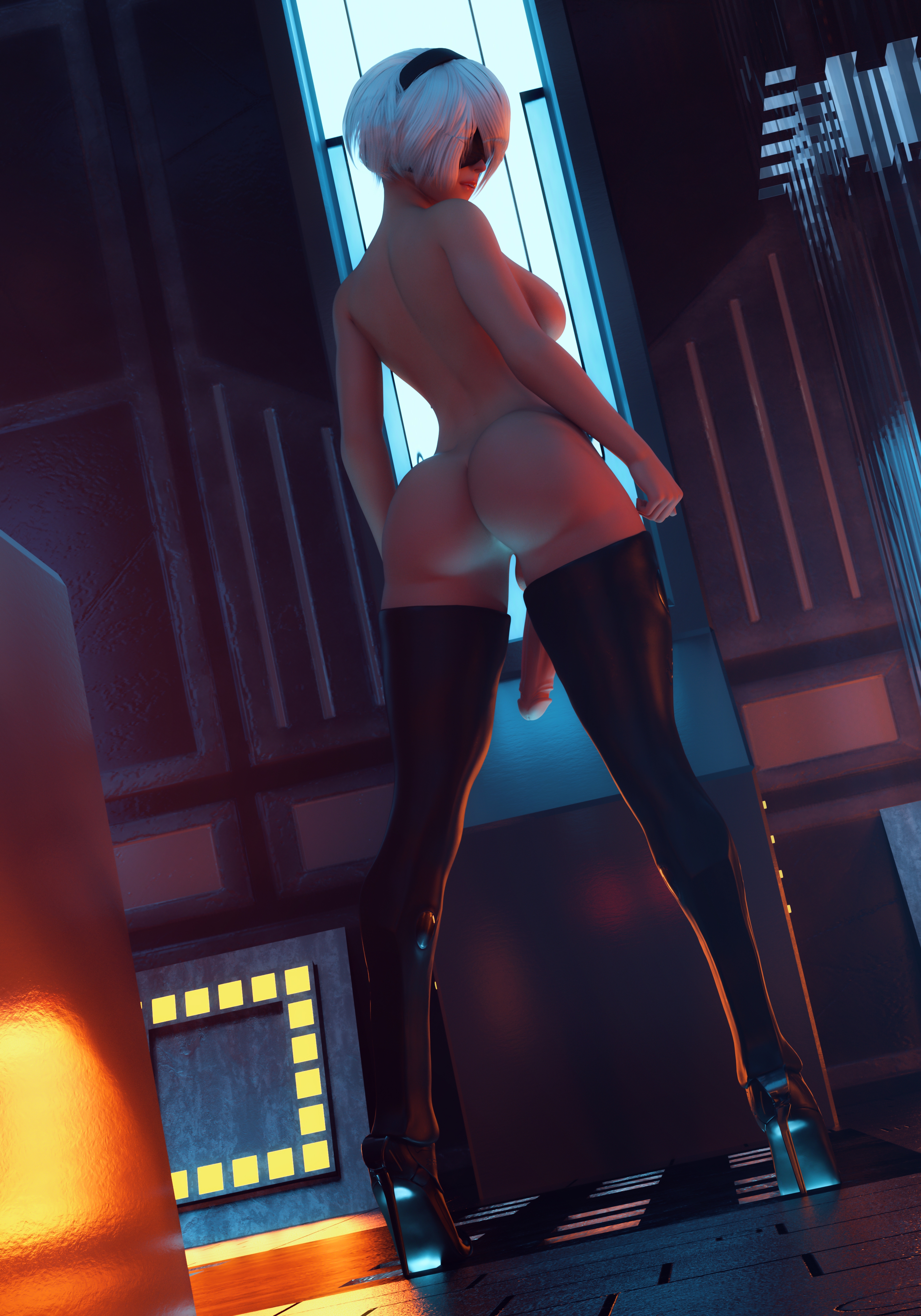 1futa, 3d, ass, balls, big ass, big penis, blindfold, breasts, futa only, futanari, hairband, intersex, light skin, light-skinned futa, nier: automata, noahgraphicz, nude, nude futa, penis, rear view, solo, solo futa, standing, testicles, thighhighs, white hair, yorha 2b