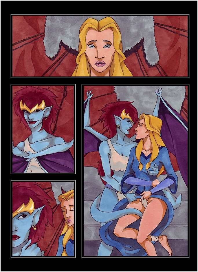 2girls blonde_hair blue-skinned_female blue_skin comic demona disney female female_only gargoyles human human_on_humanoid humanoid interspecies interspecies_yuri lady_finella light-skinned_female light_skin mature mature_female multiple_girls vp vp1940