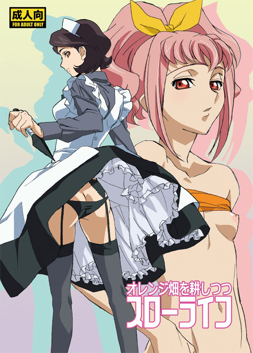 2010 2girls adult adult_and_teenager age_difference amber_eyes anya_alstreim ass ass_cleavage ass_peek black_hair black_panties blush breasts butt_crack code_geass dress expressionless female female_only from_behind garter_belt garters hair_ribbon japanese_text kunai looking_back magazine_cover maid maid_cap maid_headdress manga_cover multiple_girls ninja nipples panties pink_hair realistic_breast_size red_eyes ribbon shinozaki_sayoko short_hair small_breasts teenager thighhighs underwear undressing upskirt wakadori weapon yellow_eyes