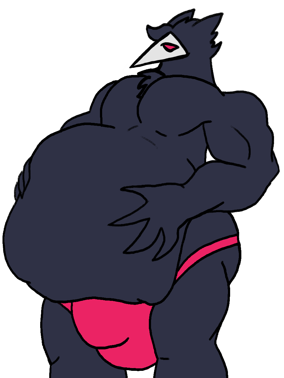 alpha_channel anthro avian beak belly belly_overhang bird black_body black_feathers bulge clothing corvid corvus_(genus) crow darkner deltarune digital_media_(artwork) feather_hair feather_hands feather_tuft feathers genitals hi_res jasper_swatch male muscular muscular_male oscine passerine pecs pseudo_hair simple_background solo speedo stomach_bulge swatchling swimwear tourmaline_shark_(artist) transparent_background tuft undertale_(series) video_games vore