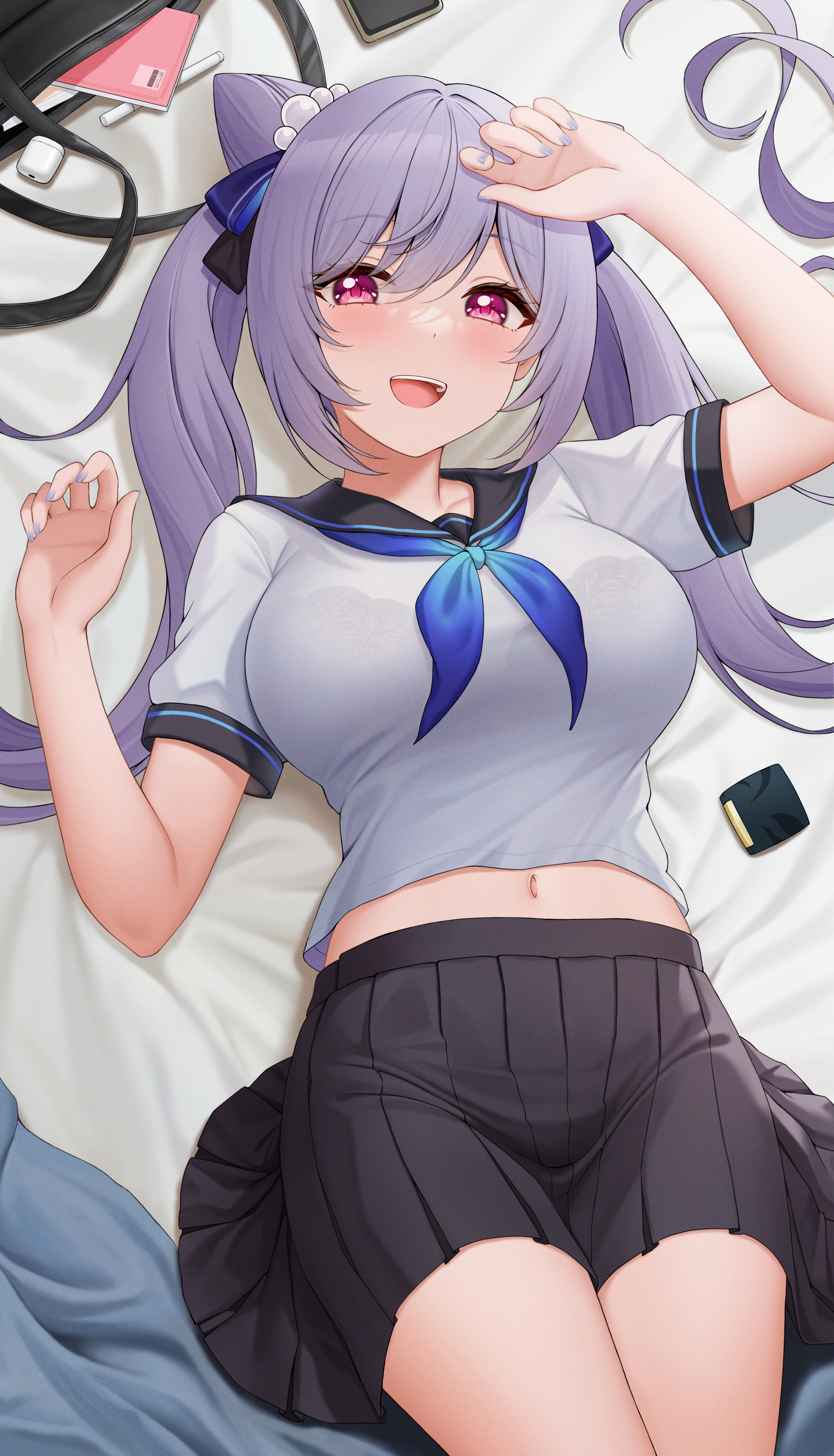1girls, female, fukuro ko (greentea), genshin impact, keqing (genshin impact), purple hair, school uniform