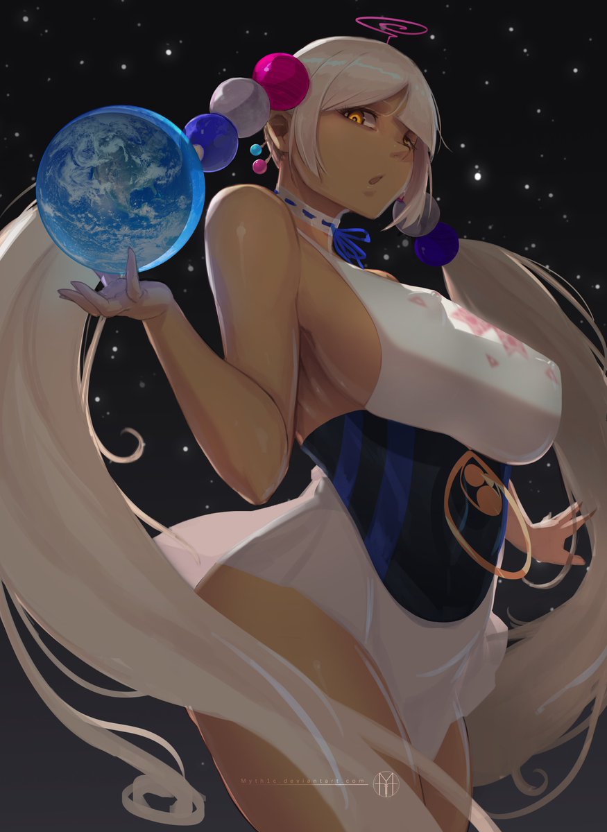 big breasts, breasts, dark skin, dark-skinned female, earth, female, giantess, hololive, hololive english, hololive english -council-, hyper giantess, large breasts, myth1c, nipples visible through clothing, orange eyes, planet, space, thick thighs, tsukumo sana, virtual youtuber, white hair, wide hips