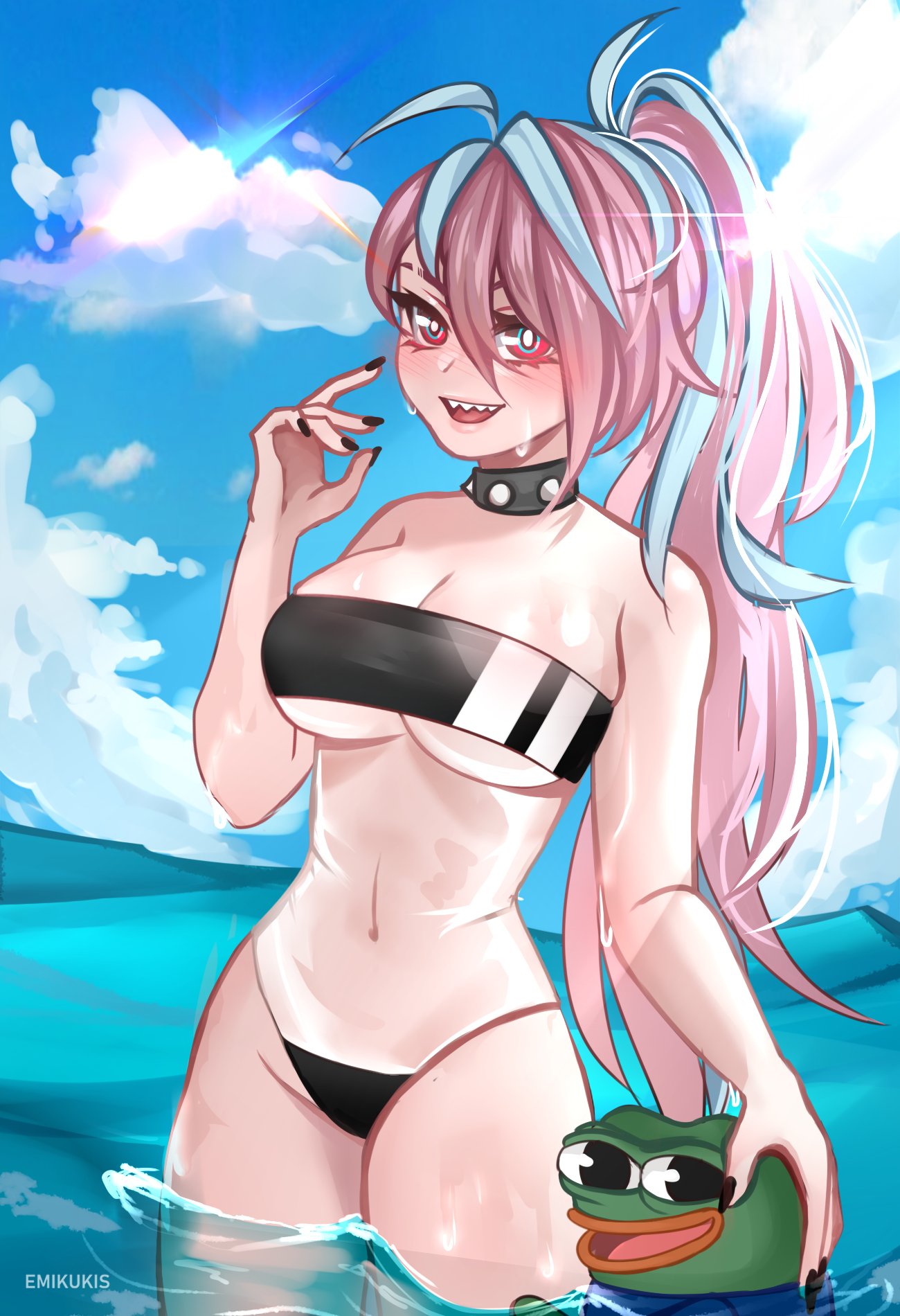 1girls bandeau big_breasts bikini black_nails blue_hair blush emikukis gris_swimsuit long_hair nails navel owozu pink_hair red_eyes sharp_teeth sky smile spiked_collar two-tone_hair virtual_youtuber vtuber water youtube youtube_hispanic