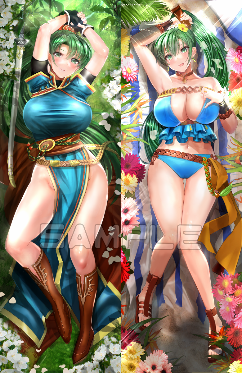 1girls :d alternate_costume armpits arms_up ass_visible_through_thighs bare_legs bare_shoulders beach bikini blue_bikini blue_swimsuit boots breasts cleavage cuddly_octopus dakimakura dakimakura_design earrings female_only fingerless_gloves fire_emblem fire_emblem:_the_blazing_blade fire_emblem_heroes frills gladiator_sandals gloves grass green_eyes green_hair huge_breasts long_hair looking_at_viewer lyn_(fire_emblem) lyn_(summer)_(fire_emblem) lyndis_(fire_emblem) nintendo official_alternate_costume on_back open_mouth outdoors pelvic_curtain ponytail shirt smile solo sunscreen swimsuit sword tongari very_long_hair weapon