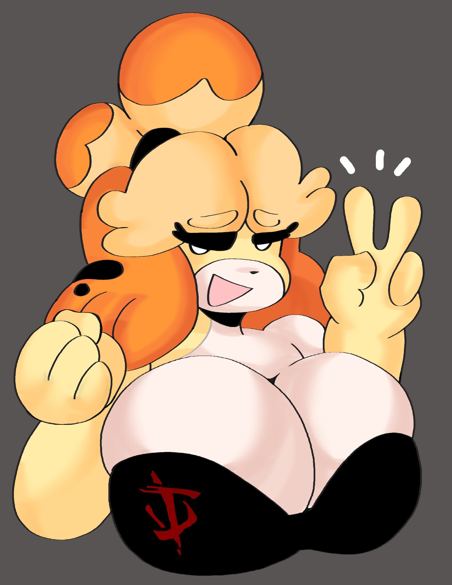 animal crossing, anthro, big breasts, breasts, canid, canine, canis, clothing, dork boi, female, furry, isabelle (animal crossing), lewd dorky, nintendo, peace sign, tagme, topwear