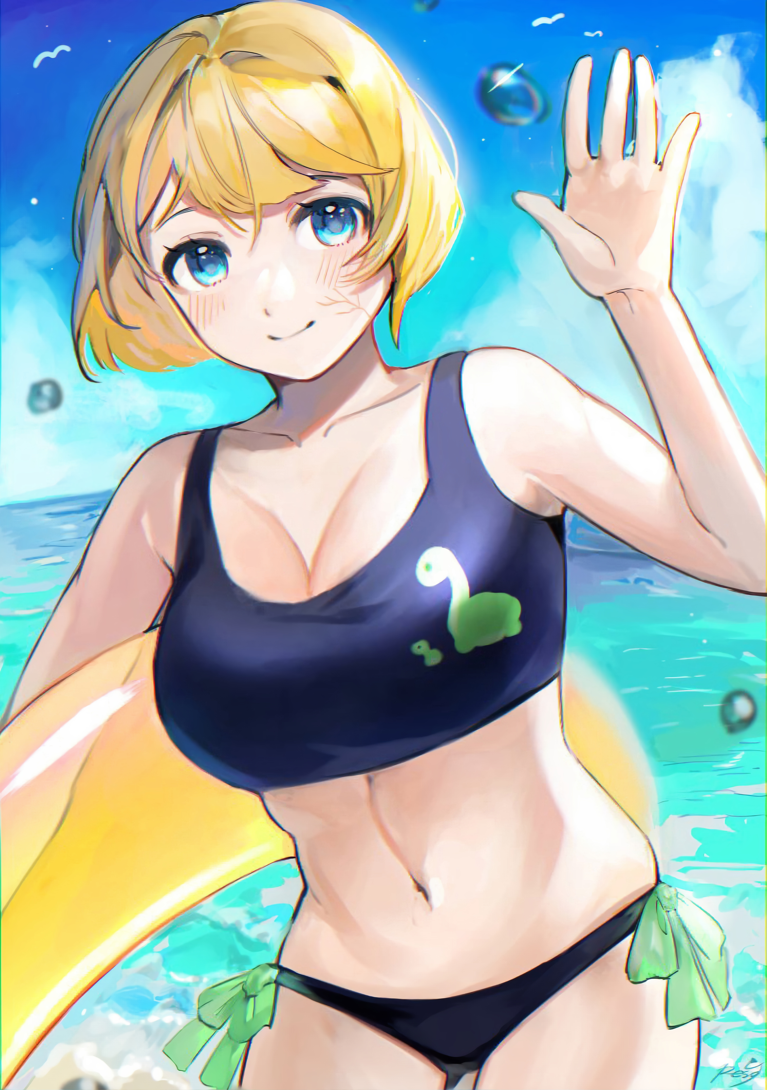 1girls, alternate breast size, apex legends, bare shoulders, beach, belly, belly button, big breasts, blonde hair, blurry background, blush, blush lines, bra, breasts, clothed, clothes, clothing, female, female only, hips, human, human only, humanoid, large breasts, lichtenberg figure, looking at another, navel, panties, scar, solo, solo female, stretched clothing, swimsuit, swimwear, thick, thick thighs, thighs, tight clothing, unknown artist, wattson (apex legends), wide hips