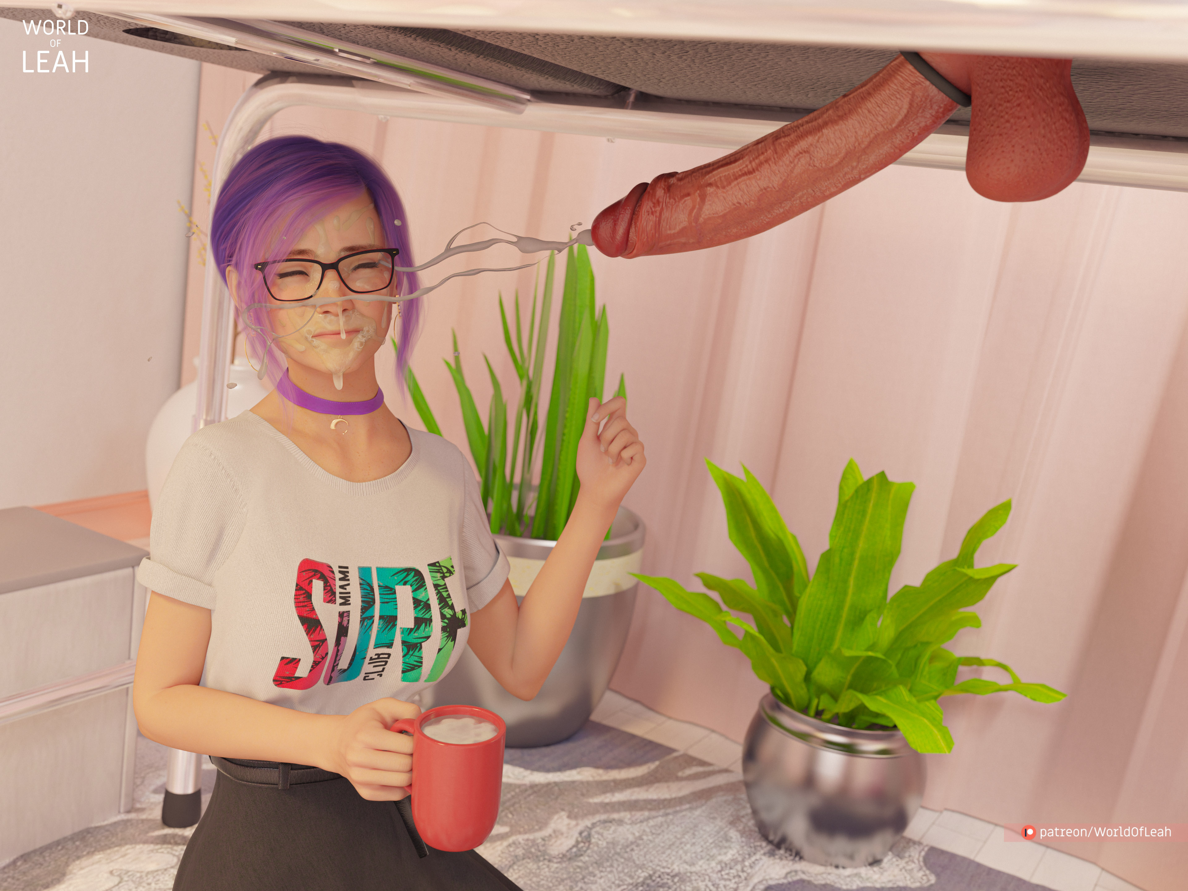 1boy, 1girls, 3d, 3dx, belt, blender, choker, cock, cock ring, cum, cum in container, cum on face, cup, excessive cum, female, fully clothed, glasses, light skin, light-skinned female, light-skinned male, lily walker, male, milking table, necklace, penis, purple hair, realistic, shirt, skirt, squint, squinting, tagme, worldofleah