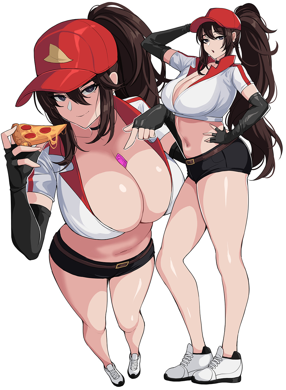 1girls 2022 booty_shorts breasts brown_eyes brown_hair cleavage condom condom_between_breasts cropped_jacket culinary_masters_series drogod_(artist) female food hat hips holding_object huge_breasts jacket league_of_legends long_gloves long_hair long_ponytail midriff object_between_breasts pizza pizza_delivery_sivir ponytail red_hat riot_games short_shorts shorts simple_background sivir slim_waist thick_thighs thighs white_background wide_hips