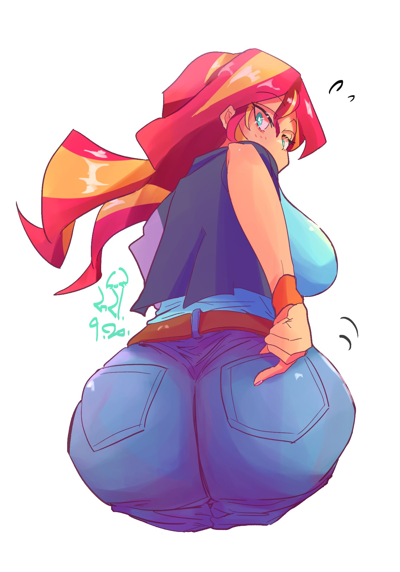 1girls ass big_ass big_breasts breasts bubble_butt curvy dat_ass equestria_girls female female_only friendship_is_magic hasbro hi_res highres huge huge_ass huge_breasts jeans large_ass large_breasts looking_back my_little_pony pants sideboob solo solo_female sozglitch sunset_shimmer wide_hips