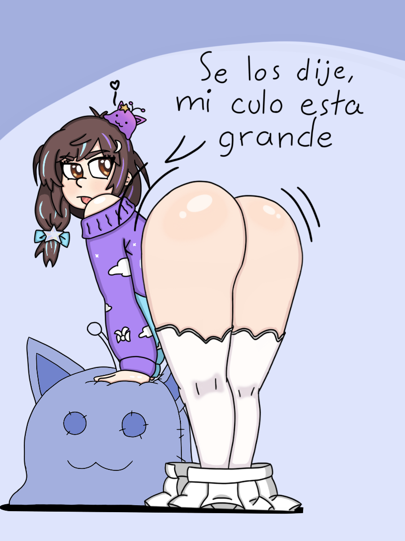 ass, big ass, looking back, nimu, presenting, skirt down, spanish text, virtual youtuber
