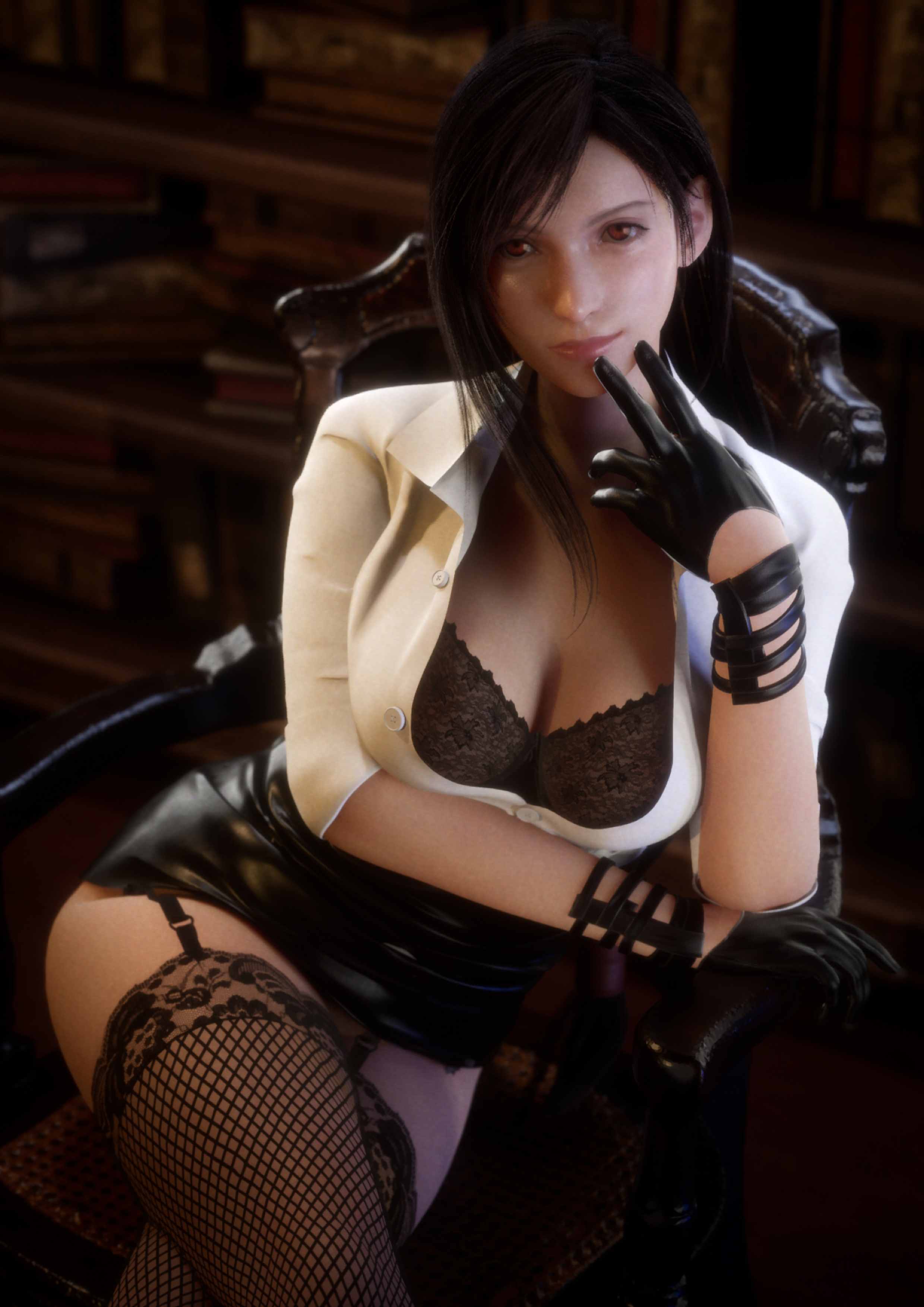 2160p, 3840x2160, 3d, 4k, black hair, bra, breasts, chair, clothed female, female, final fantasy, final fantasy vii, final fantasy vii remake, fully clothed, gloves, juicyneko, large breasts, leggings, light skin, light-skinned female, long hair, red eyes, sitting, square enix, tifa lockhart, wallpaper