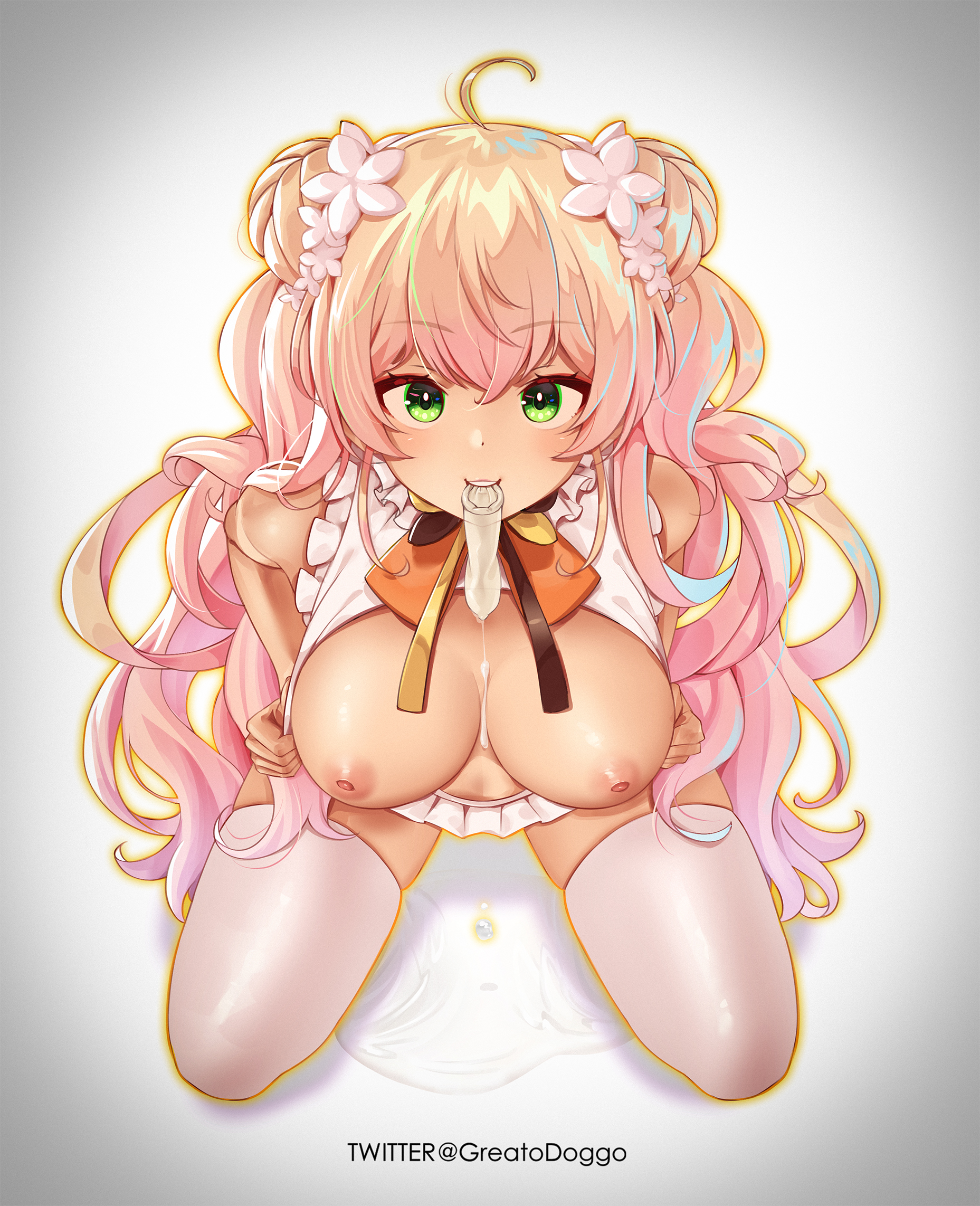 1girls, 2d, 2d (artwork), ahoge, areolae, big breasts, blonde hair, breasts, broken condom, condom, cum, cum between breasts, exposed breasts, female, female focus, female only, greatodoggo, green eyes, hololive, hololive gen 5, hololive japan, large breasts, long hair, looking at viewer, miniskirt, momosuzu nene, nipples, on knees, short hair, simple background, skirt, solo, solo female, solo focus, thick thighs, thigh squish, thighhighs, used condom, virtual youtuber