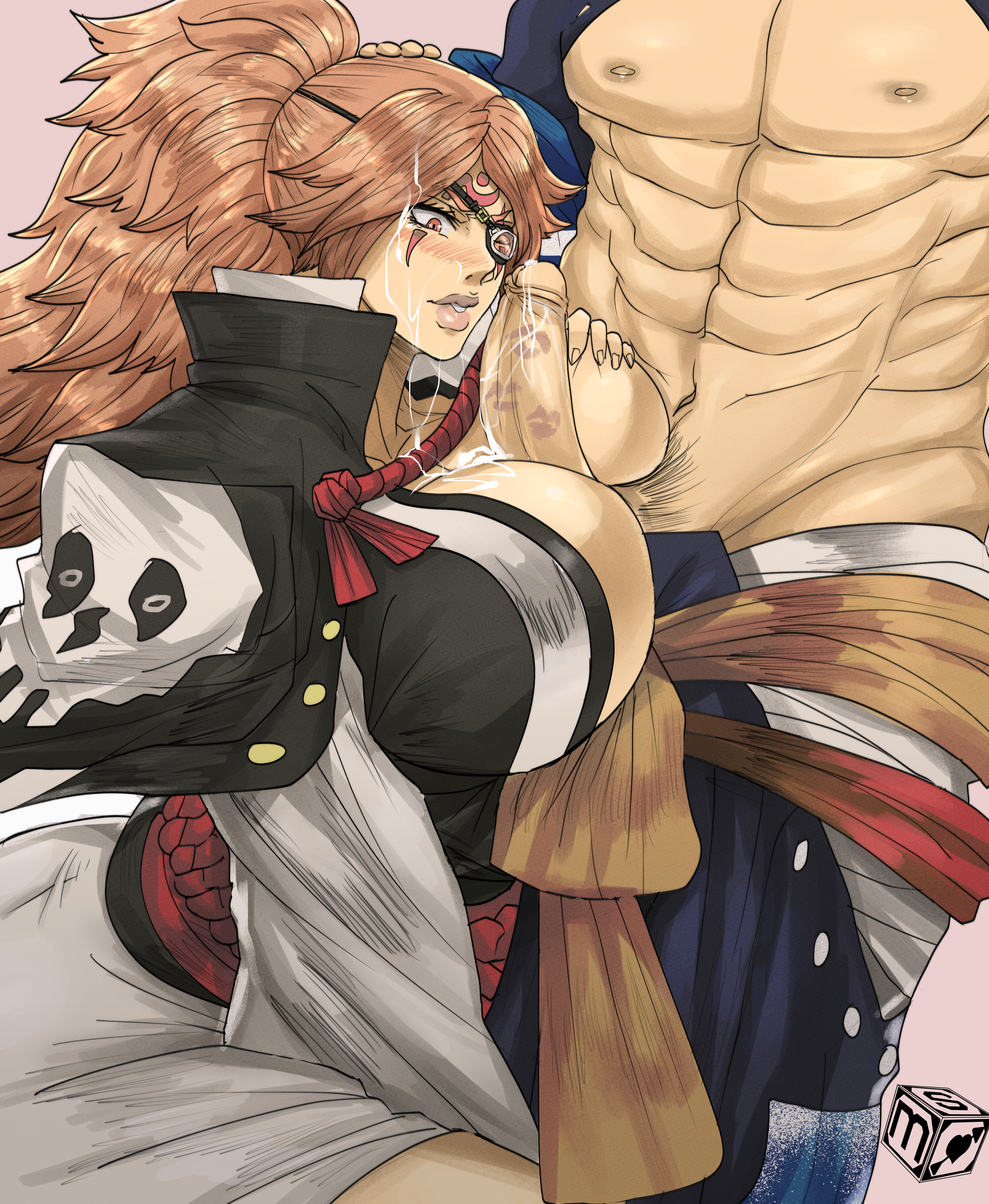 1boy, 1girls, abs, anji mito, baiken, blush, breasts, brown eyes, brown hair, cum, cum on face, eye patch, facial, female, guilty gear, heart-shaped pupils, kiss mark, light skin, light-skinned female, long hair, looking at penis, looking down, male, muscles, muscular, muscular female, muscular male, paizuri, pale skin, pale-skinned female, penis, penis out, pubic hair, sekushimagik, unseen male face