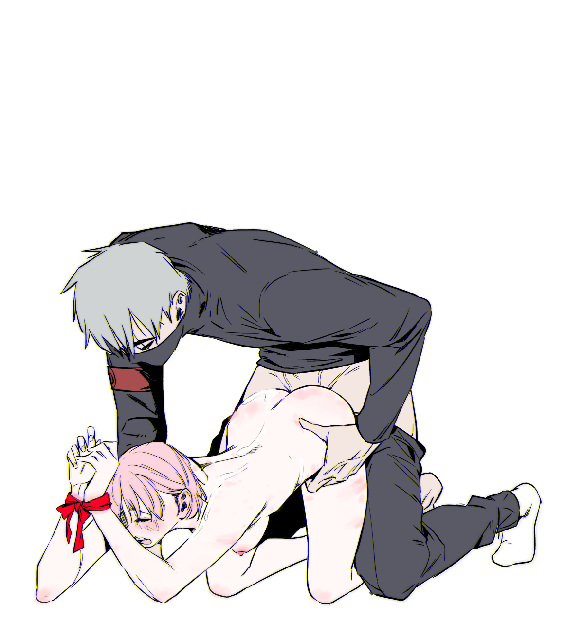 1boy, 1girls, age difference, armband, bent over, bondage, breasts, closed eyes, clothed male, clothed male nude female, clothed on nude, clothed sex, clothed/nude, completely nude, doggy style, female, female penetrated, hatake kakashi, kneeling, light skin, light-skinned female, light-skinned male, long hair, male, male penetrating, male penetrating female, male with female, male/female, mask, moaning, naked, naruto, naruto (series), naruto shippuden, nipples, nude, nude female, older male, paipan, pale skin, pale-skinned female, pale-skinned male, pants, pink hair, rape, sakura haruno, scar, scar across eye, scarecrowpink, shirt, short hair, shoulder length hair, sideboob, silver hair, taken from behind, teacher and student, tied hands, waist grab, younger female