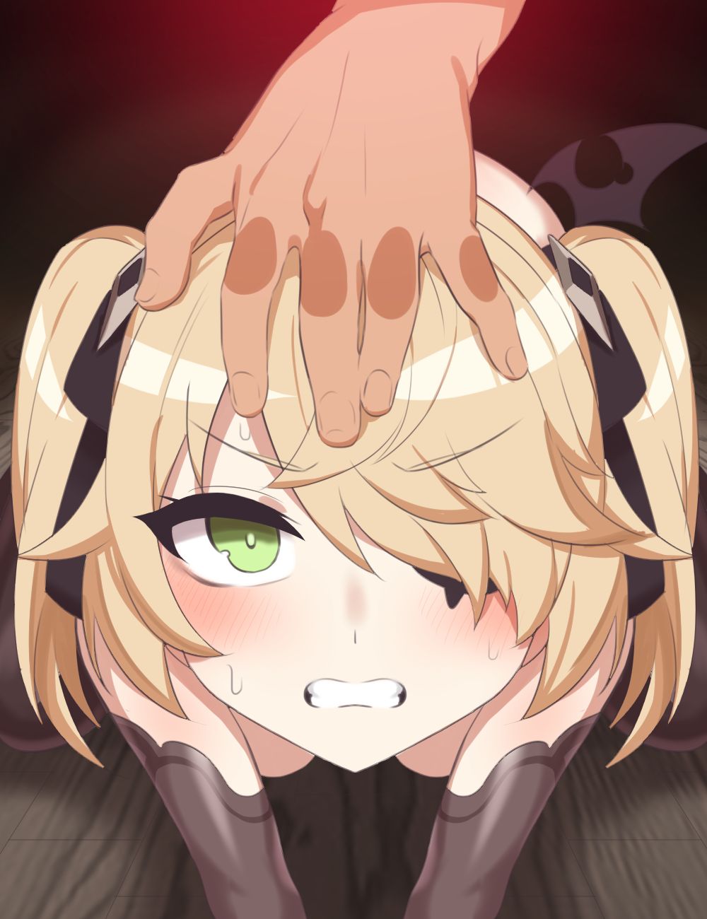 1girls, angry, angry face, blonde hair, corruption, female, female focus, fischl (genshin impact), ganbari mascarpone, genshin impact, green eyes, looking at viewer, mind control