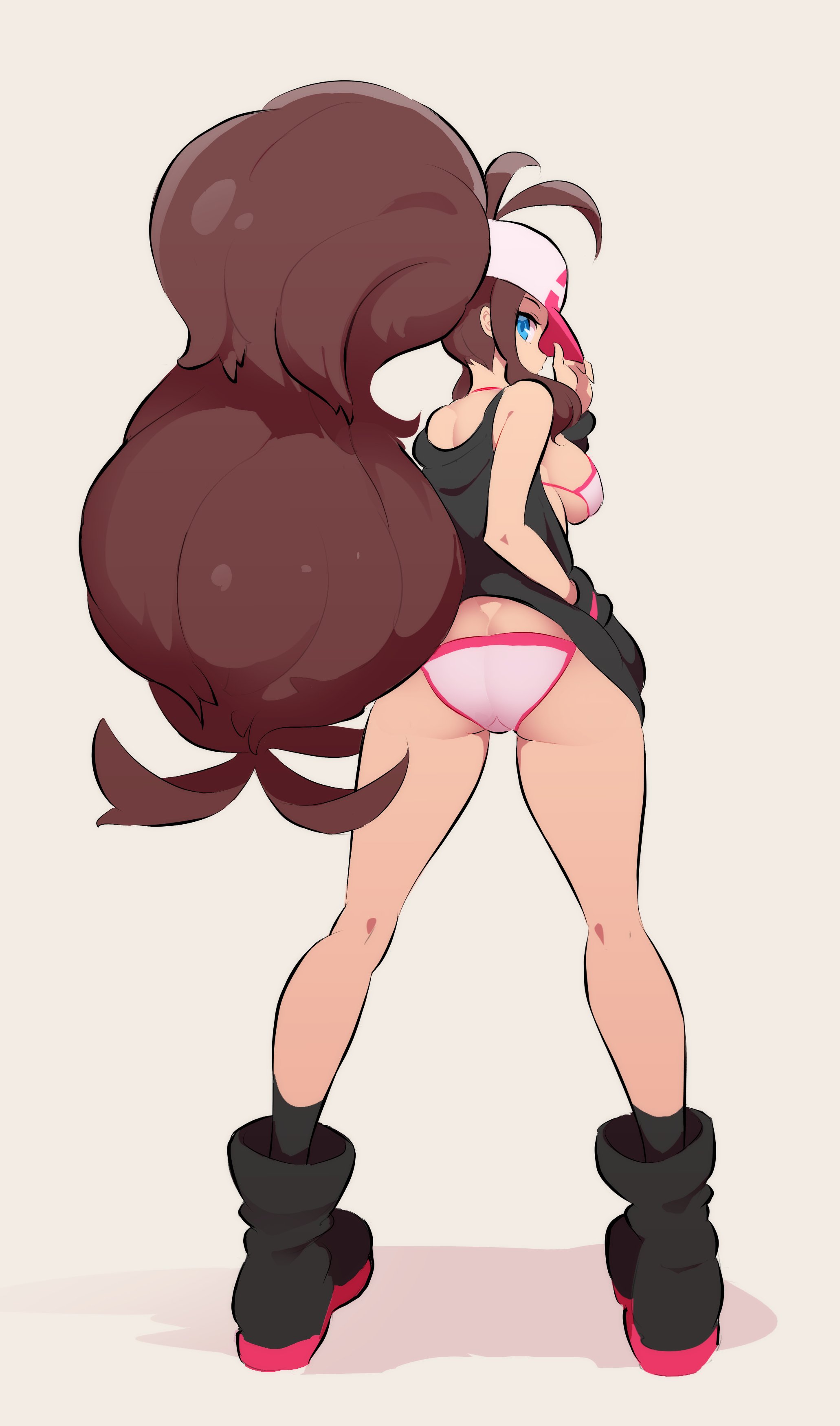 1girls, 2022, ass, backboob, bikini, black vest, blue eyes, boots, breasts, brown hair, female, female only, hilda (pokemon), hips, huge breasts, large ass, long hair, looking at viewer, looking over shoulder, nac000, nintendo, pokemon, pokemon bw, ponytail, slim waist, solo, thick thighs, thighs, white bikini, wide hips