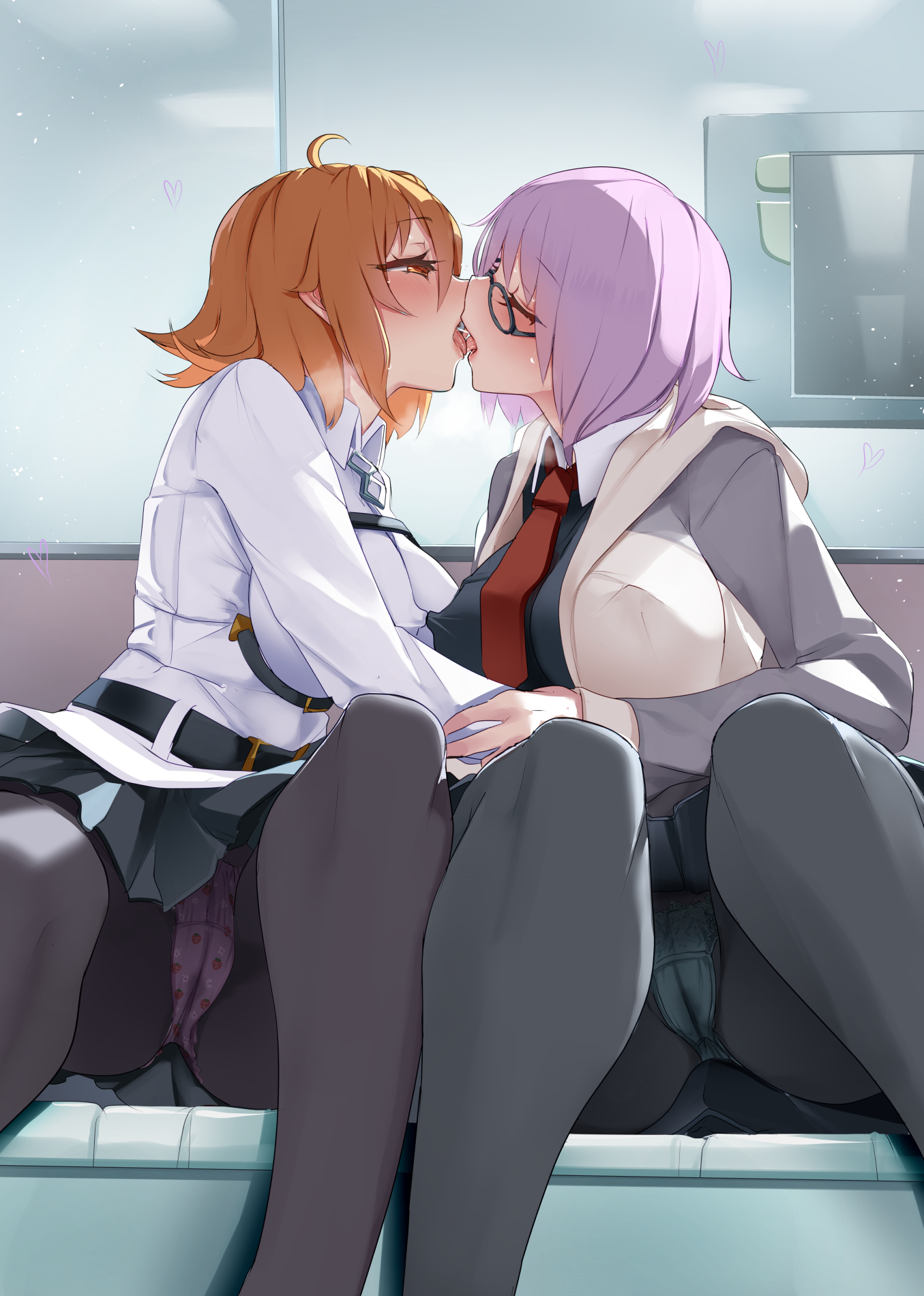 2022, 2girls, ahoge, blush, breasts, clothed, clothed female, fate (series), fate/grand order, female, female only, fujimaru ritsuka (female), glasses, gudako, higher resolution available, huge breasts, indoors, kissing, mash kyrielight, monobe, monobe yuri, orange eyes, orange hair, panties, pantyhose, passionate, pink eyes, purple hair, short hair, side ponytail, spread legs, thick thighs, thighs, tongue, yuri