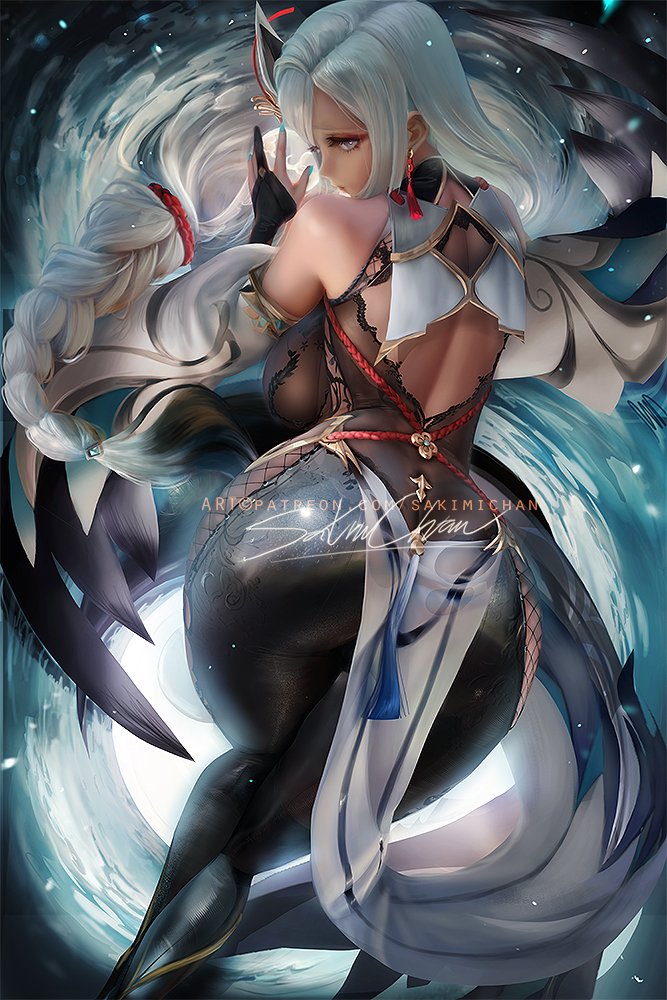 1girls, 2022, artist signature, ass, ass focus, ass shot, back, back view, backboob, backless outfit, bodystocking, braided hair, breasts, bubble ass, bubble butt, clothed, clothed female, female, female only, genshin impact, hips, huge ass, huge breasts, long hair, sakimichan, shenhe (genshin impact), slim waist, thick thighs, thighs, watermark, white hair, wide hips