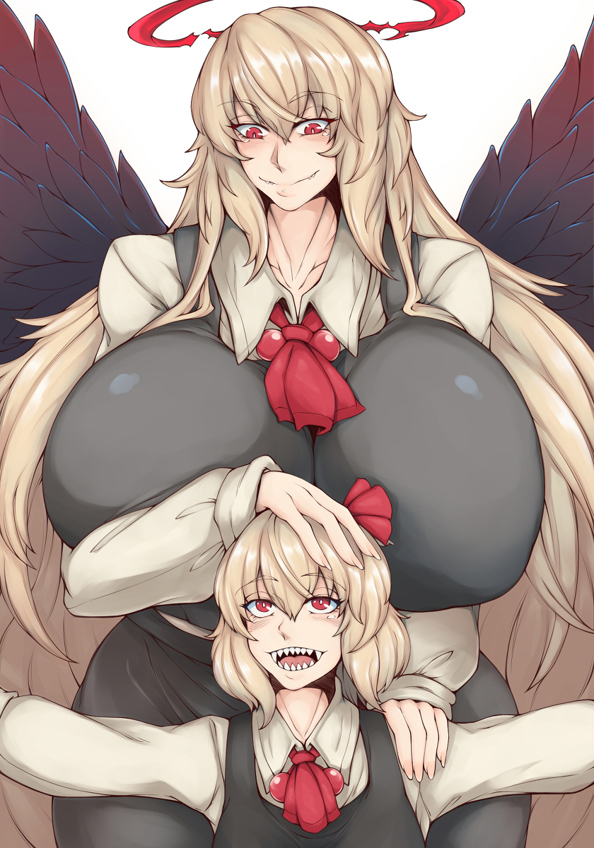 2girls blonde_hair breasts elun_(meido) ex-rumia female huge_breasts multiple_girls red_eyes rumia short_hair size_difference smile touhou very_long_hair wings