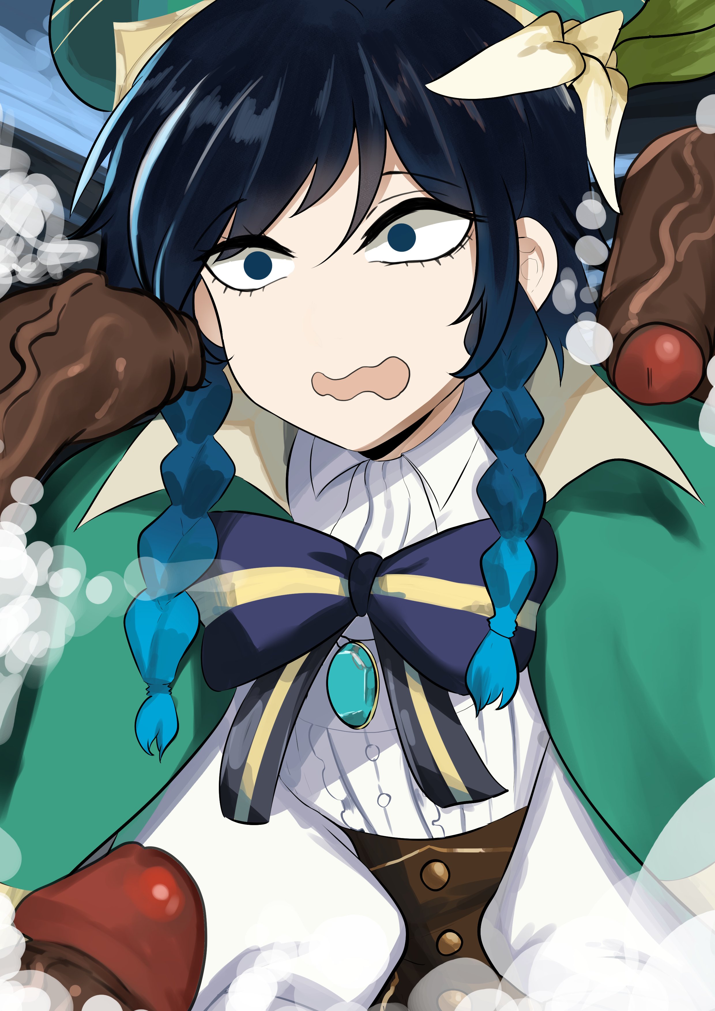 4boys, after fellatio, blush, cum, cum drip, cum in mouth, cumming, dark skin, dark-skinned male, femboy, genshin impact, green (artist), interracial, male, venti (genshin impact), yaoi