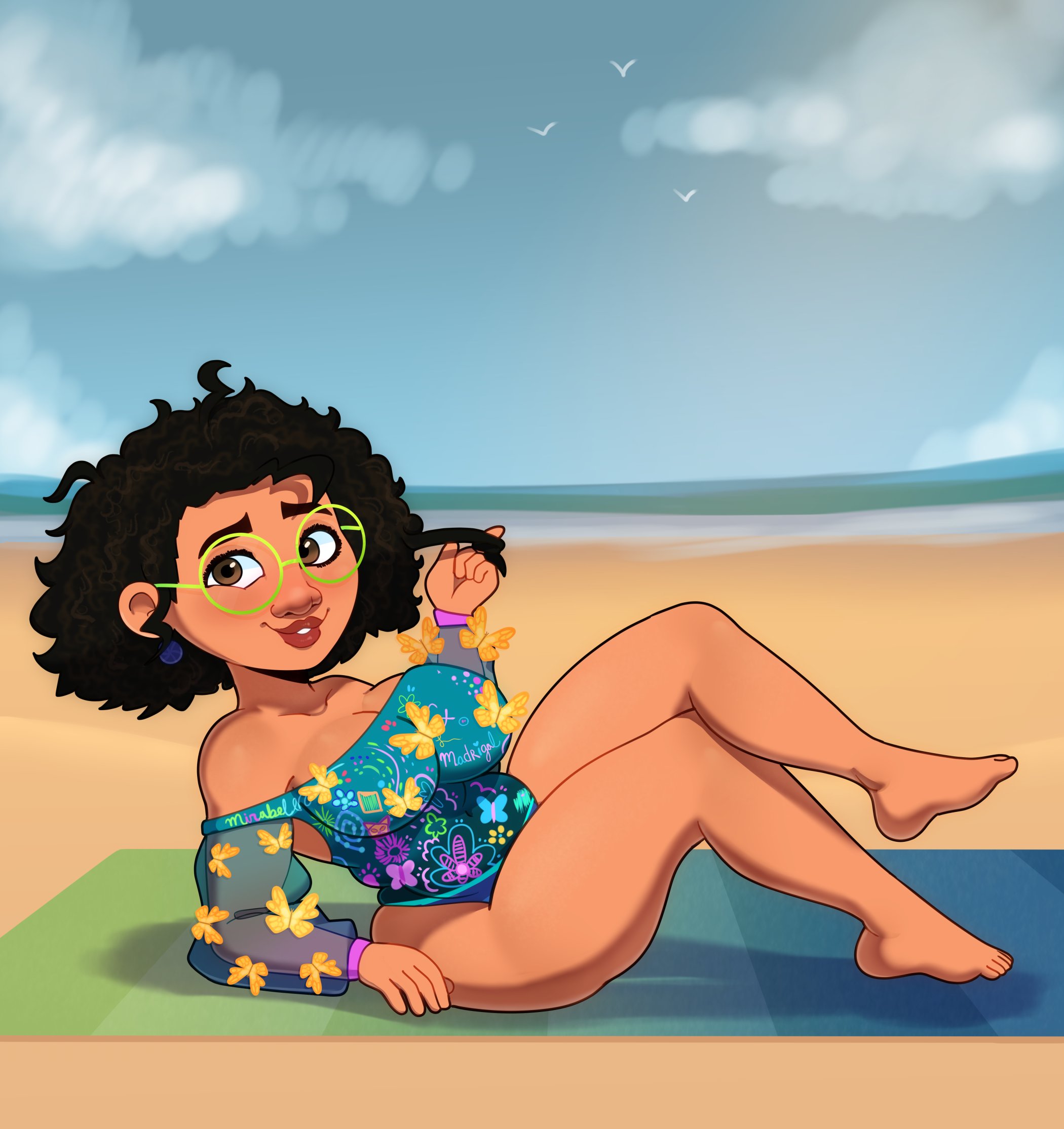 :3, 1girls, barefoot, beach, big breasts, black hair, breasts, cleavage, disney, encanto, eye contact, feet, female, glasses, lipstick, looking at viewer, mirabel madrigal, pin up, smile, solo, somescrub, thick thighs