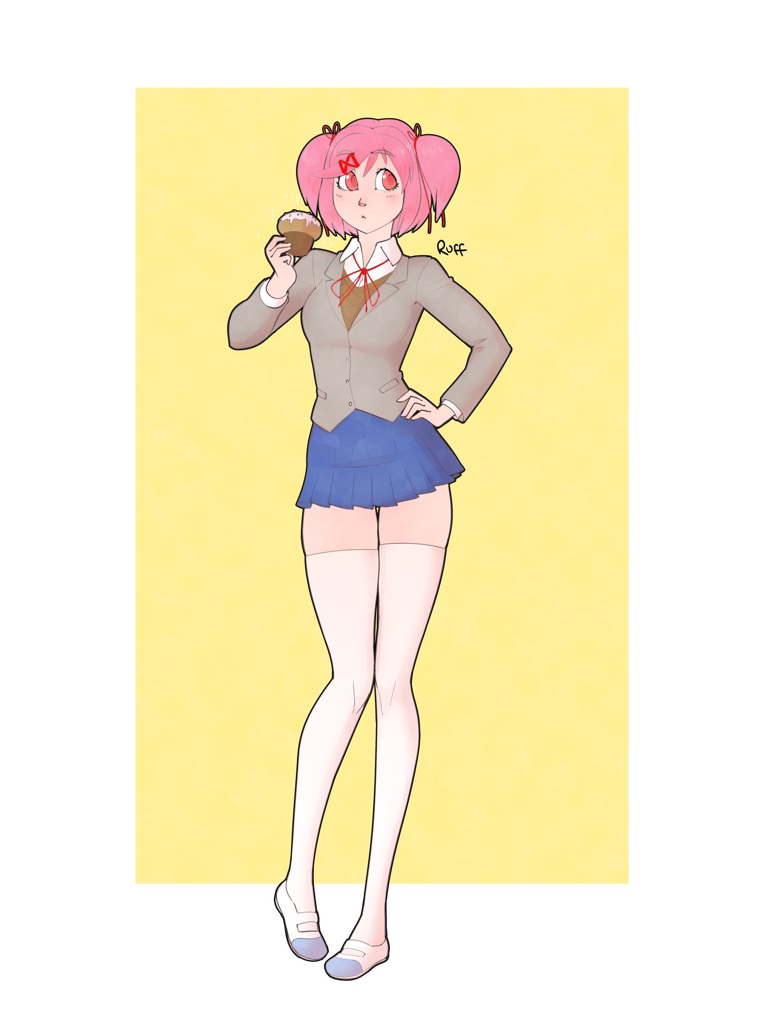 1girls, bimbo, bimbofication, body transformation, breast expansion, breast growth, breast growth (enlargement), breasts, doki doki literature club, expansion, female, female only, figure transformation, giantess, hair growth, height growth, hip expansion, hips, hourglass figure, human, human only, humanoid, large female, mini giantess, natsuki (doki doki literature club), outgrowing clothes, pink eyes, pink hair, ruffsketches (artist), school uniform, schoolgirl, sfw, skirt, solo, solo female, thiccsuki, thick, thick thighs, thighhighs, thighs, tight clothing, transformation, wide hips
