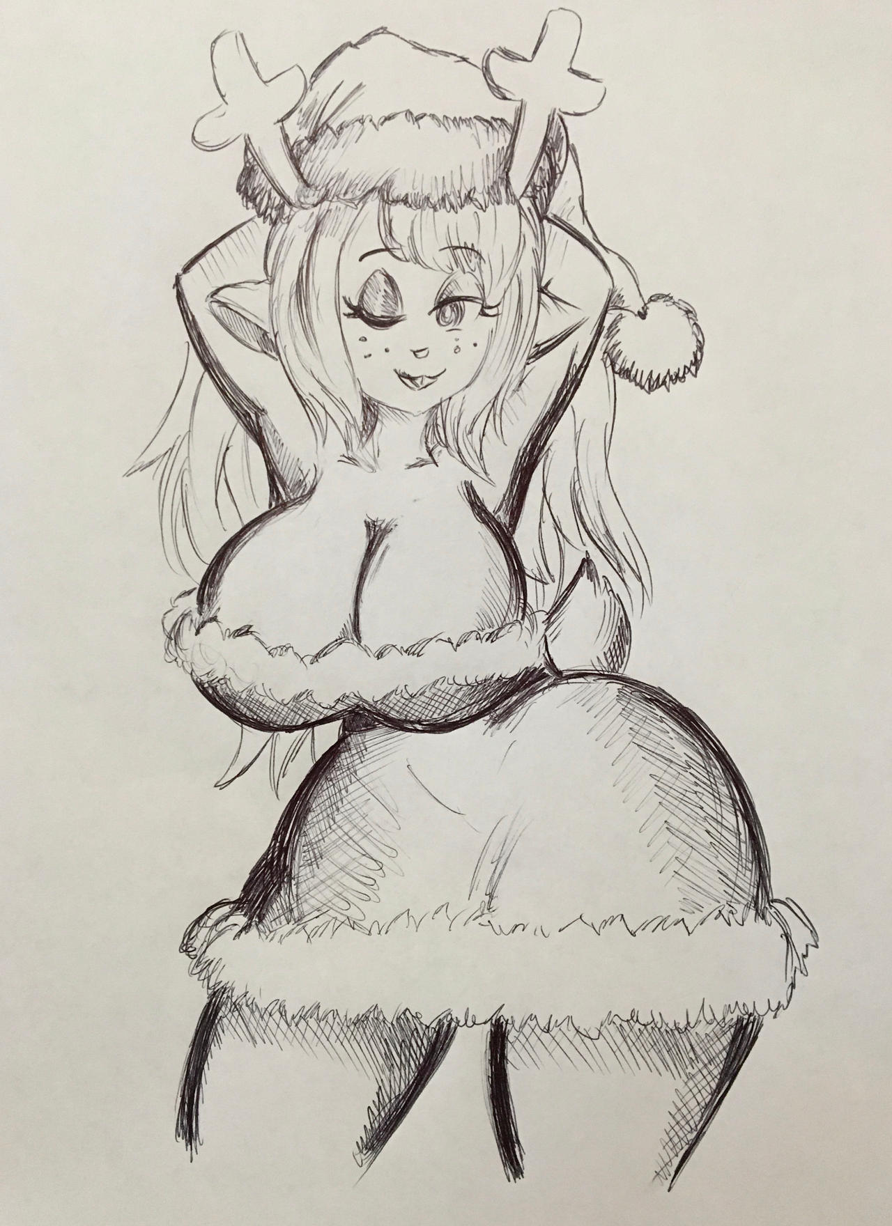 anthro antlers arms_behind_head big_breasts breasts buckteeth christmas christmas_outfit cleavage deer deltarune freckles fur furry hand_drawn huge_breasts monochrome noelle_holiday pikapika212 reindeer santa_hat seductive_look seductive_pose tail wink