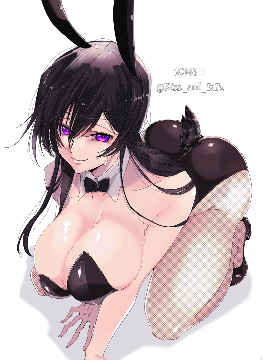 absurdres animal_ears back bangs black_footwear black_hair black_leotard breasts bunnysuit code_geass commentary_request covered_nipples female fishnet_legwear fishnets genderswap_(mtf) hair_between_eyes high_heels highres huge_breasts leaning_forward lelouch_lamperouge leotard long_hair looking_at_viewer luluko on_knees pantyhose playboy_bunny playboy_bunny_leotard purple_eyes rabbit_ears rabbit_girl red_light_district rule_63 sideboob sidelocks sitting smile solo sweatdrop