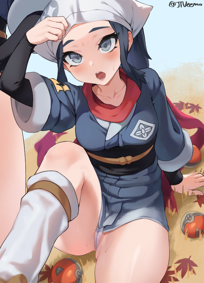 1girls, 2022, akari (pokemon), artist signature, blue hair, blush, breasts, clothed, clothed female, female, female only, game freak, headscarf, jtveemo, long hair, long ponytail, looking at viewer, loose socks, medium breasts, nintendo, outdoors, panties, png, pokemon, pokemon legends: arceus, ponytail, scarf, socks, thick thighs, thighs, white panties, white socks