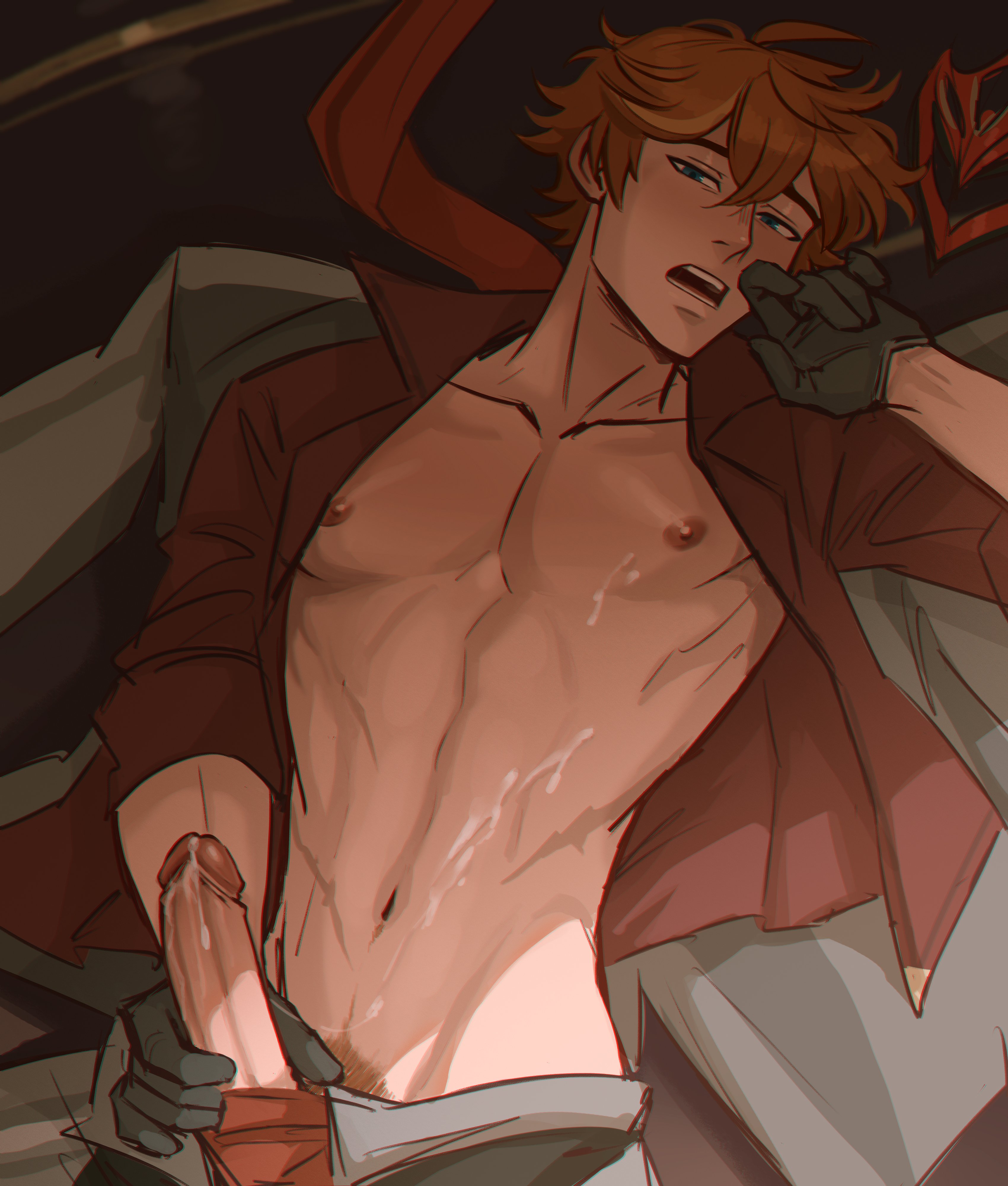 1boy, blue eyes, brown hair, childe (genshin impact), cum, cum on body, erection, foreskin, foreskin folds, gay, gay male, genshin impact, ginger, human, male, male nipples, male only, male pubic hair, masturbation, nipples, open shirt, penis, penis out, pubic hair, retracted foreskin, smooth penis, smooth skin, smooth skinned male, solo, sombre slahc, tartaglia (genshin impact), uncircumcised, uncut, yaoi