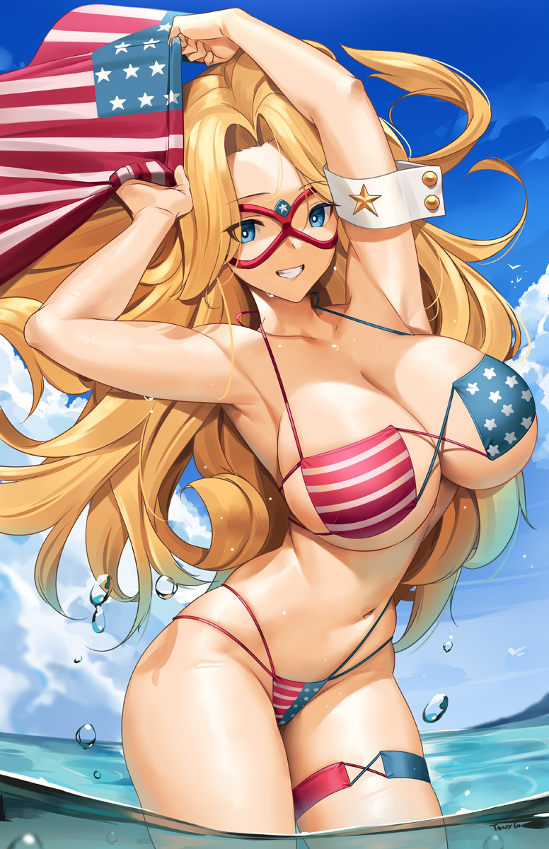 1girls 2022 american_flag american_flag_bikini armpits arms_behind_head arms_up beach bikini blonde_hair blue_eyes charlotte_vanders commission eyepatch_bikini female female_only hips holding_object kamen_america kamen_america_(character) kamen_america_(series) long_hair looking_at_viewer mask outdoors slim_waist smile thick_thighs thighs tony_guisado water wet wet_body wide_hips