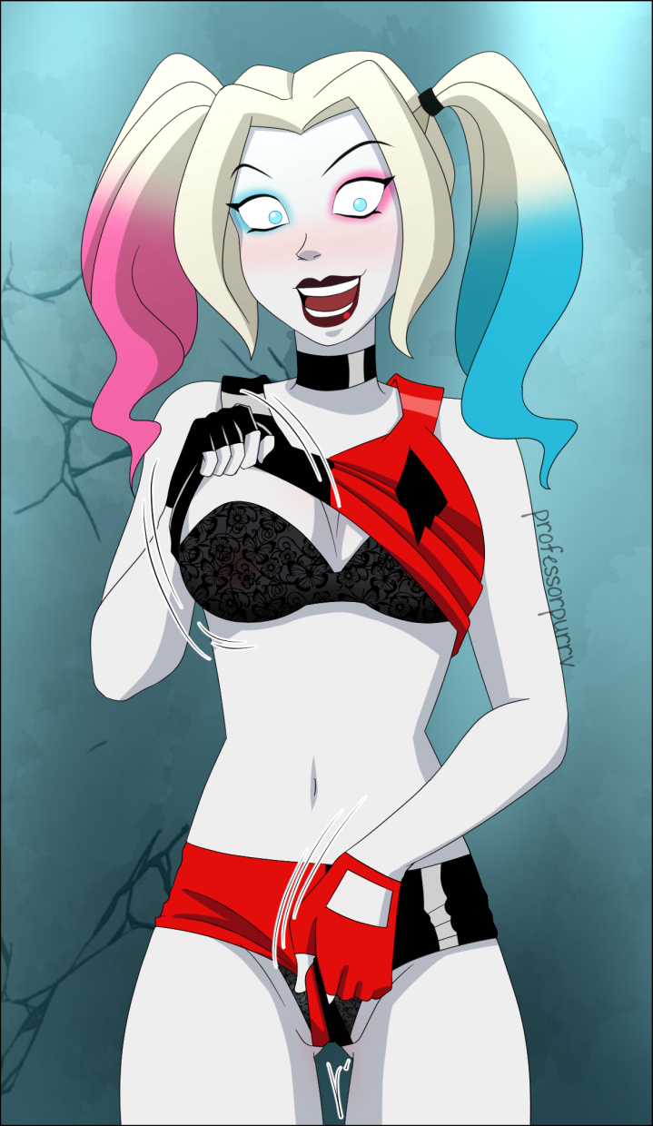 1girls batman_(series) blonde_hair blue_eyes blue_hair body_swap bra choker cleavage dc dc_comics dyed_hair eyeshadow female female_only harleen_quinzel harley_quinn harley_quinn_(2019) harley_quinn_(series) hotpants lipstick looking_at_viewer multicolored_hair open_mouth panties pink_hair possession professorpurrv seductive_smile shirt_lift shorts smile solo solo_female twintails white_fur white_skin