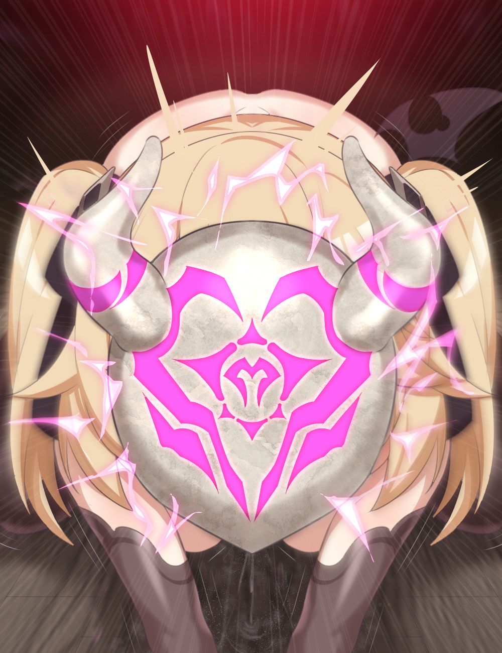 1girls, blonde hair, brainwashing, corruption, female, female focus, fischl (genshin impact), ganbari mascarpone, genshin impact, hilichurl mask, hypnosis, mask, masked, mind control, ribbons, twintails