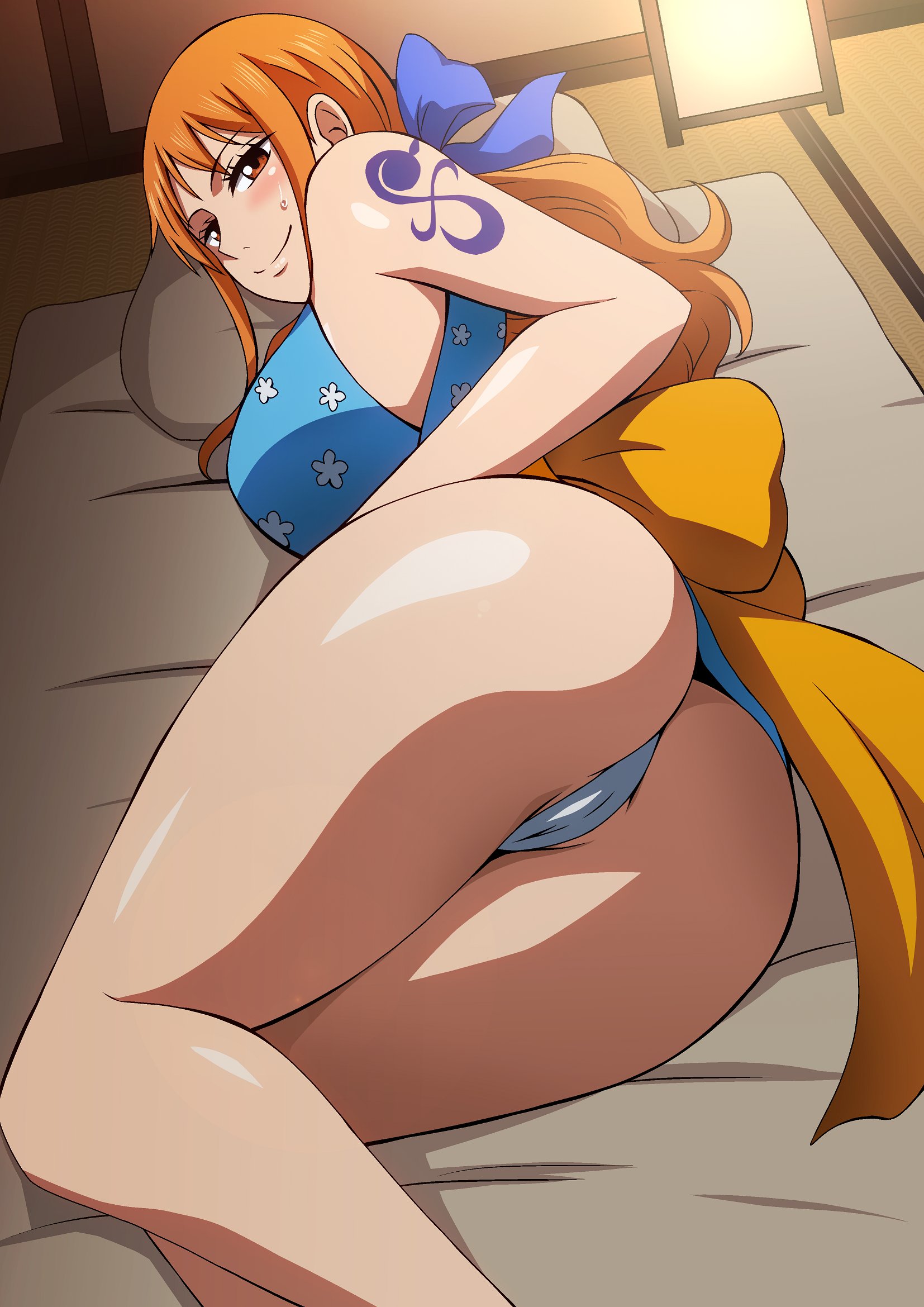 1girls, 2022, arm tattoo, ass, big breasts, blue tattoo, breasts, brown eyes, bubble ass, bubble butt, female, female only, hara (harayutaka), hi res, indoors, kimono, kunoichi, large ass, large breasts, long hair, looking at viewer, lying on side, nami (one piece), naughty face, onami, one piece, orange hair, orange-haired female, panties, short kimono, shoulder tattoo, smile, suggestive look, tattoo, tattoo on arm, tattooed arm, thick thighs, thighs, white panties