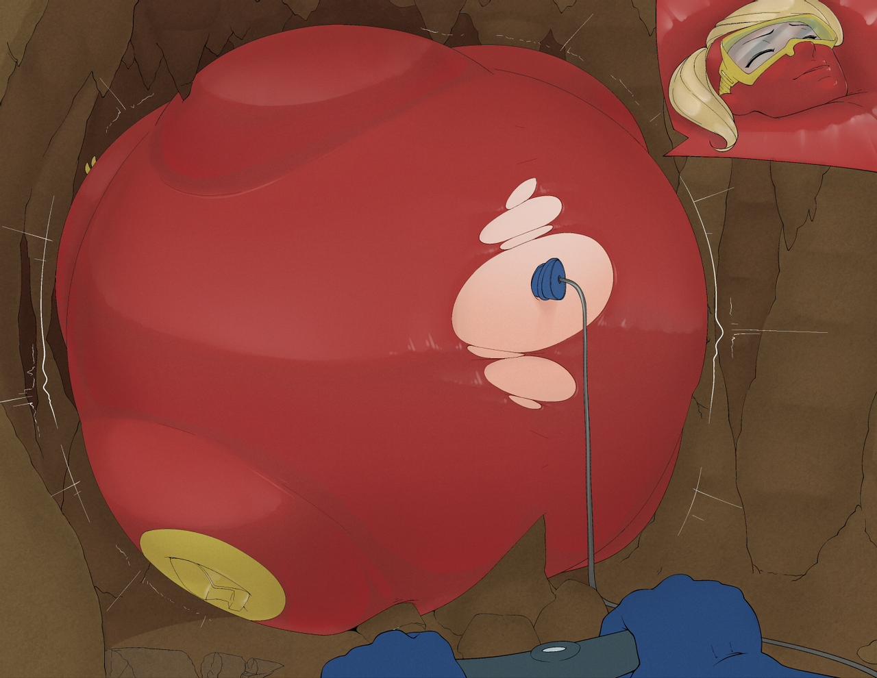 air_inflation belly bike_pump close_to_bursting dig_dug drakamohk enjoying enjoyment full_body_inflation hyper_belly hyper_inflation inflation navel navel_penetration pooka pooka_(dig_dug) pump spherical_inflation sunken_head sunken_limbs