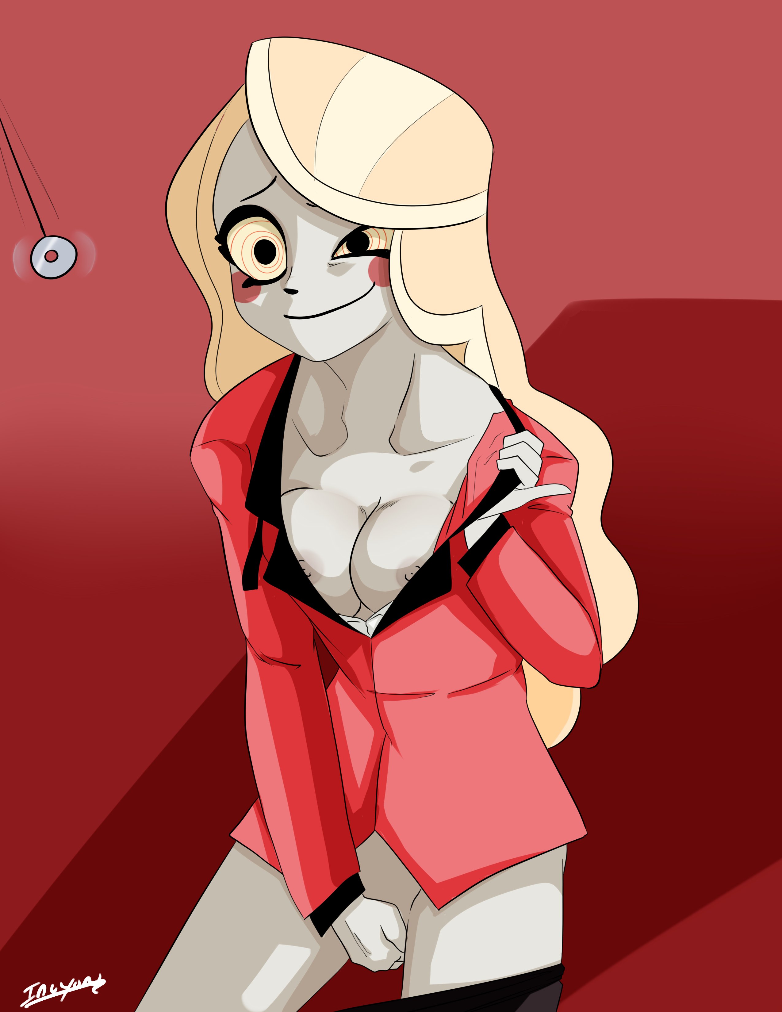 absurdres, blonde hair, breasts, breasts exposed, charlie morningstar (hazbin hotel), exposed breasts, female, female only, femsub, happy trance, hazbin hotel, hypnosis, hypnotized, hypnotized masturbation, hypnotized undressing, inuyuru, long hair, masturbation, mind control, no bra, no panties, open clothes, pendulum, red shirt, solo, spiral eyes, straight hair, symbol in eyes, undressing, white skin