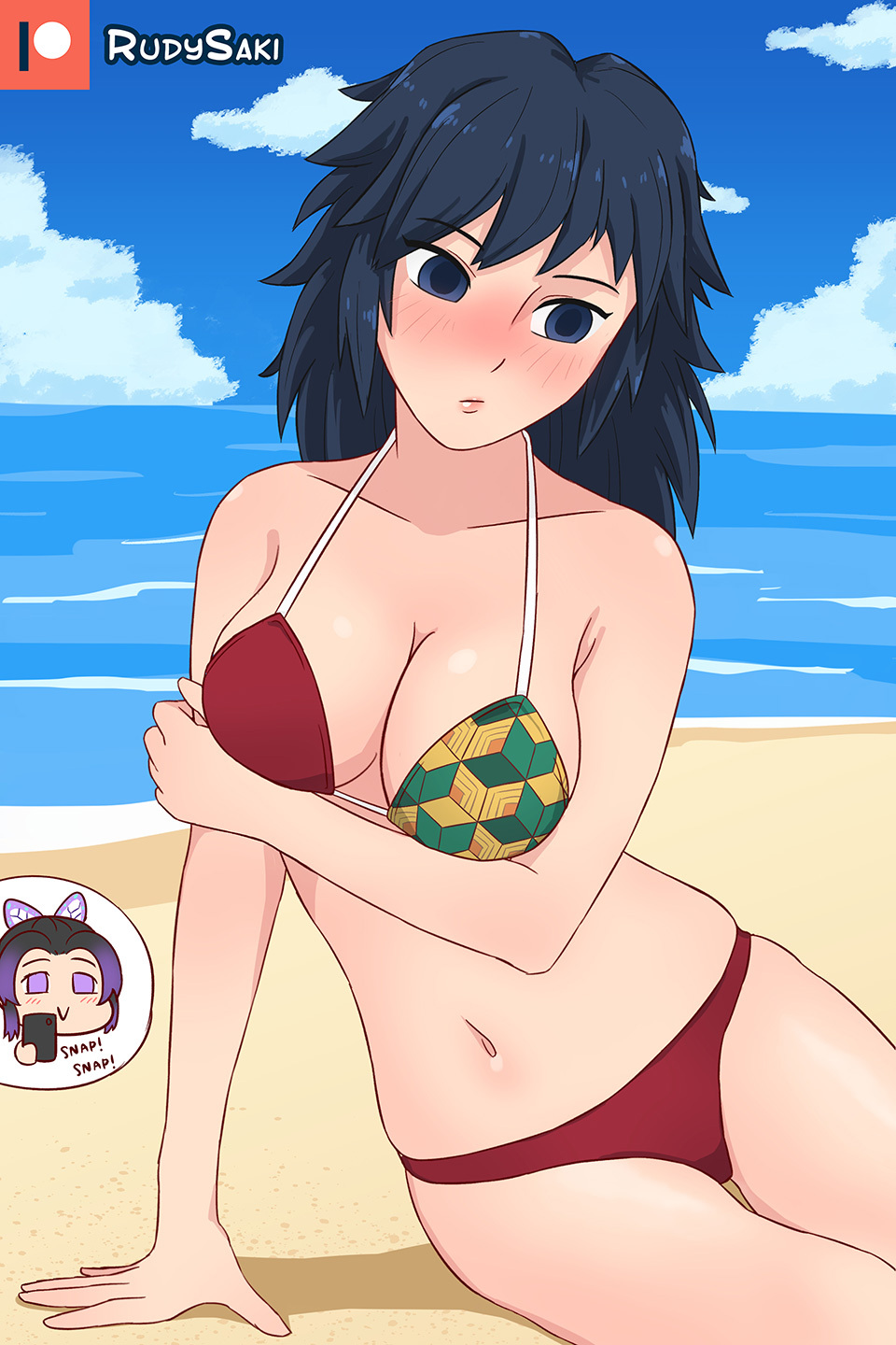 1girls arm_under_breasts beach bikini black_hair blush demon_slayer embarrassed female female_only holding_arm kimetsu_no_yaiba kochou_shinobu phone photo rudy_saki rule_63 solo swimsuit tomioka_giyuu