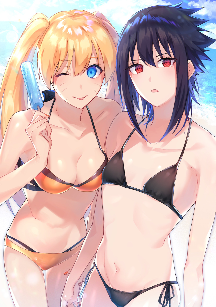 2girls ;p absurdres bangs bettybebe_09 bikini black_bikini black_hair blonde_hair blue_eyes breasts cleavage facial_mark food genderswap genderswap_(mtf) groin highres long_hair looking_at_viewer medium_breasts multiple_girls nail_polish naruko naruto naruto_(series) navel no_navel one_eye_closed orange_bikini orange_nails popsicle purple_nails red_eyes rule_63 sasuke_uchiha sasuko small_breasts smile swimsuit tongue tongue_out twintails uzumaki_naruto