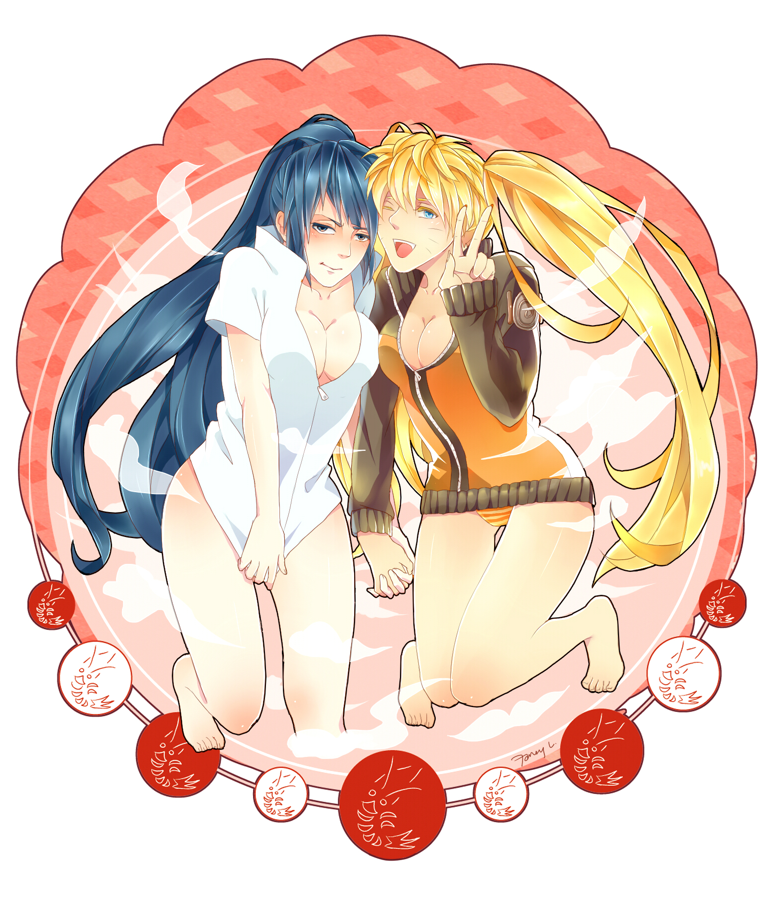 2girls, artist request, bare legs, barefoot, blonde hair, blue hair, blush, bottomless, breasts, busty, cleavage, cute, duo, duo focus, facial markings, feet, female, female focus, female only, foot fetish, gender transformation, genderswap, genderswap (mtf), hand holding, holding hands, jacket, light skin, light-skinned female, long hair, looking at viewer, naruko, naruto, naruto (classic), naruto (series), naruto shippuden, nervous, nervous smile, no panties, one eye closed, open mouth, orange panties, pale skin, pale-skinned female, panties, peace sign, perky breasts, pinup, ponytail, pose, posing, rule 63, sasuke uchiha, sasuko, sexy no jutsu, shounen jump, shy, smile, smiling, striped panties, thighs, tied hair, toes, transformation, twintails, uzumaki naruto, v, very long hair, voluptuous, whisker markings, whiskers, wink, yellow hair, yuri