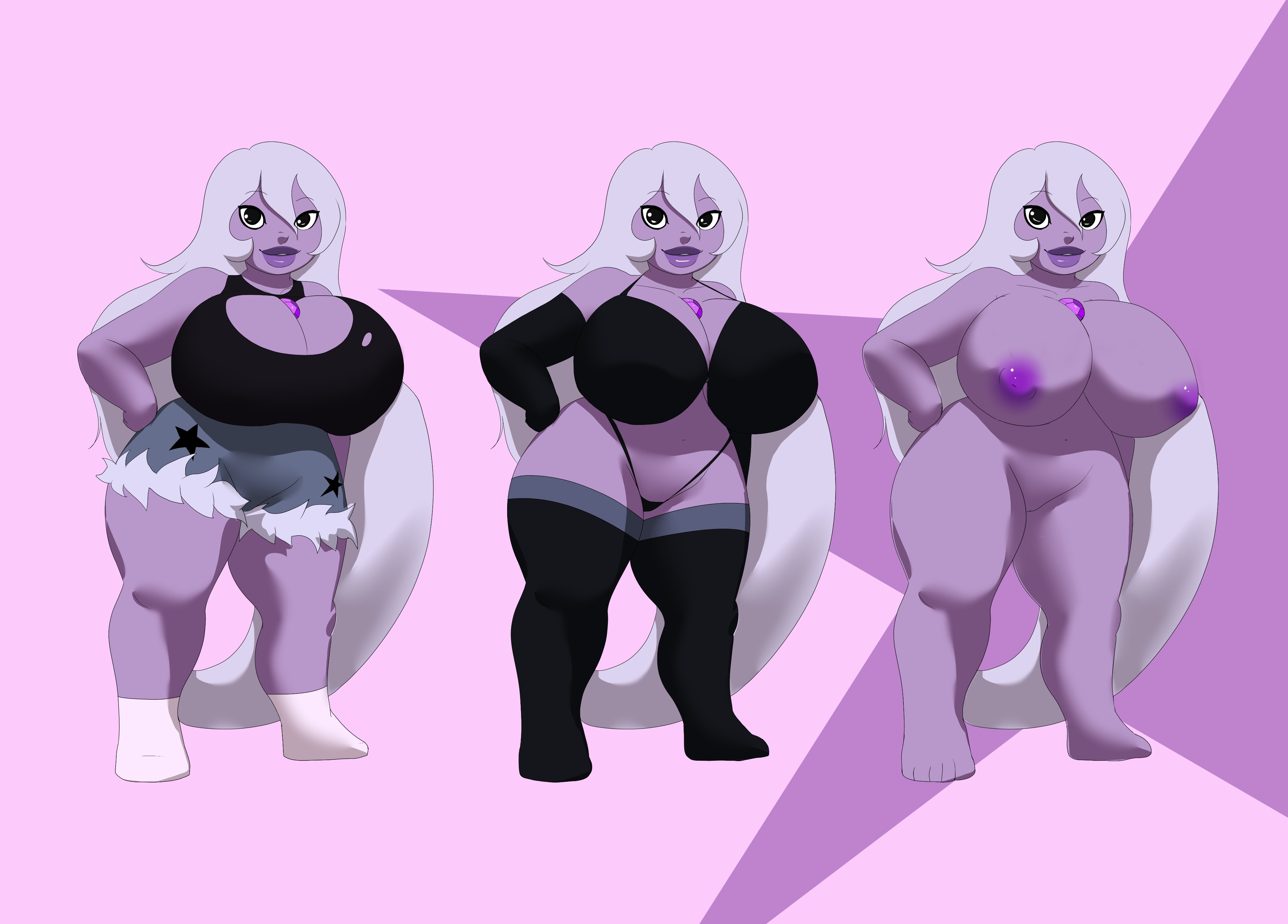1girls, amethyst (steven universe), big breasts, breasts, cartoon network, clothed, clothing, female, female focus, female only, gem (species), huge breasts, humanoid, long hair, looking at viewer, n-ronin, non-mammal breasts, purple body, purple hair, purple nipples, purple skin, revealing clothes, shortstack, standing, steven universe, stockings, thick thighs, voluptuous