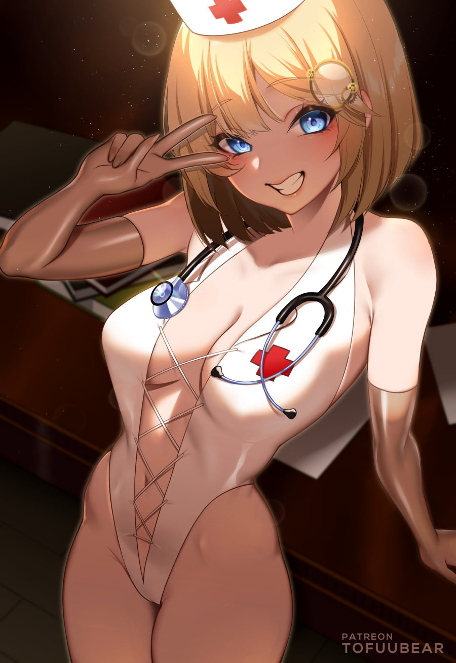 1girls, 2022, artist signature, blonde hair, blue eyes, blush, breasts, female, female only, hair ornament, highleg leotard, hips, hololive, hololive english, hololive myth, large breasts, leotard, nurse, nurse cap, nurse outfit, nurse uniform, peace sign, short hair, simple background, slim waist, smile, thick thighs, thighs, tofuubear, virtual youtuber, watson amelia, wide hips