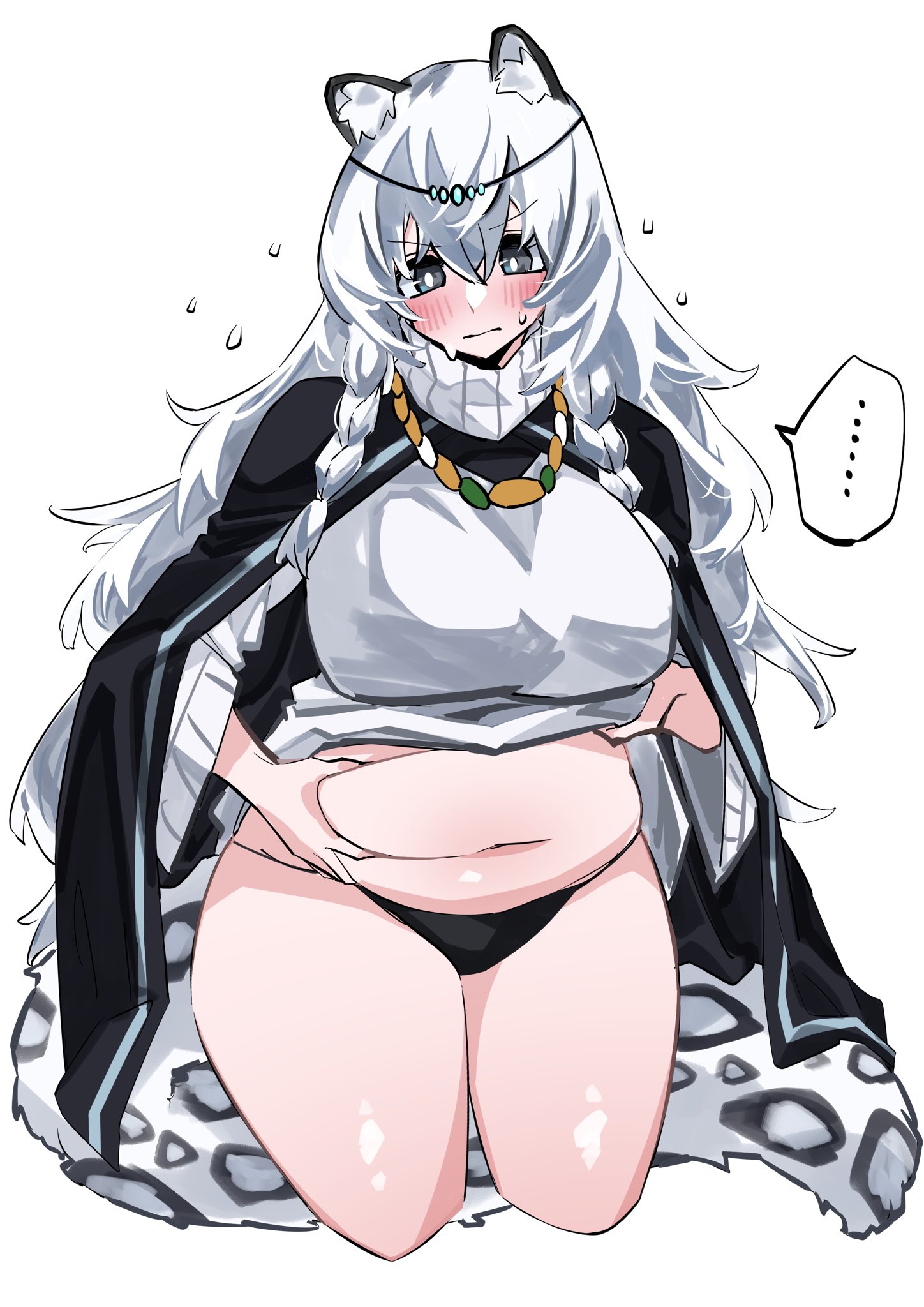 ..., animal ear fluff, animal ears, arknights, bangs, belly grab, black panties, blush, bottomless, braid, breasts, cape, chubby, closed mouth, clothes lift, dot nose, eyebrows visible through hair, facing viewer, fat, female, grey eyes, hair between eyes, hand on own stomach, head tilt, highres, jewelry, kneeling, leopard tail, lifted by self, long hair, long sleeves, navel, necklace, panties, plump, pramanix (arknights), shirt lift, simple background, solo, spoken ellipsis, sweatdrop, tail, thick thighs, thighs, twin braids, underwear, weight conscious, white background, white hair, yuteka (yute nut)