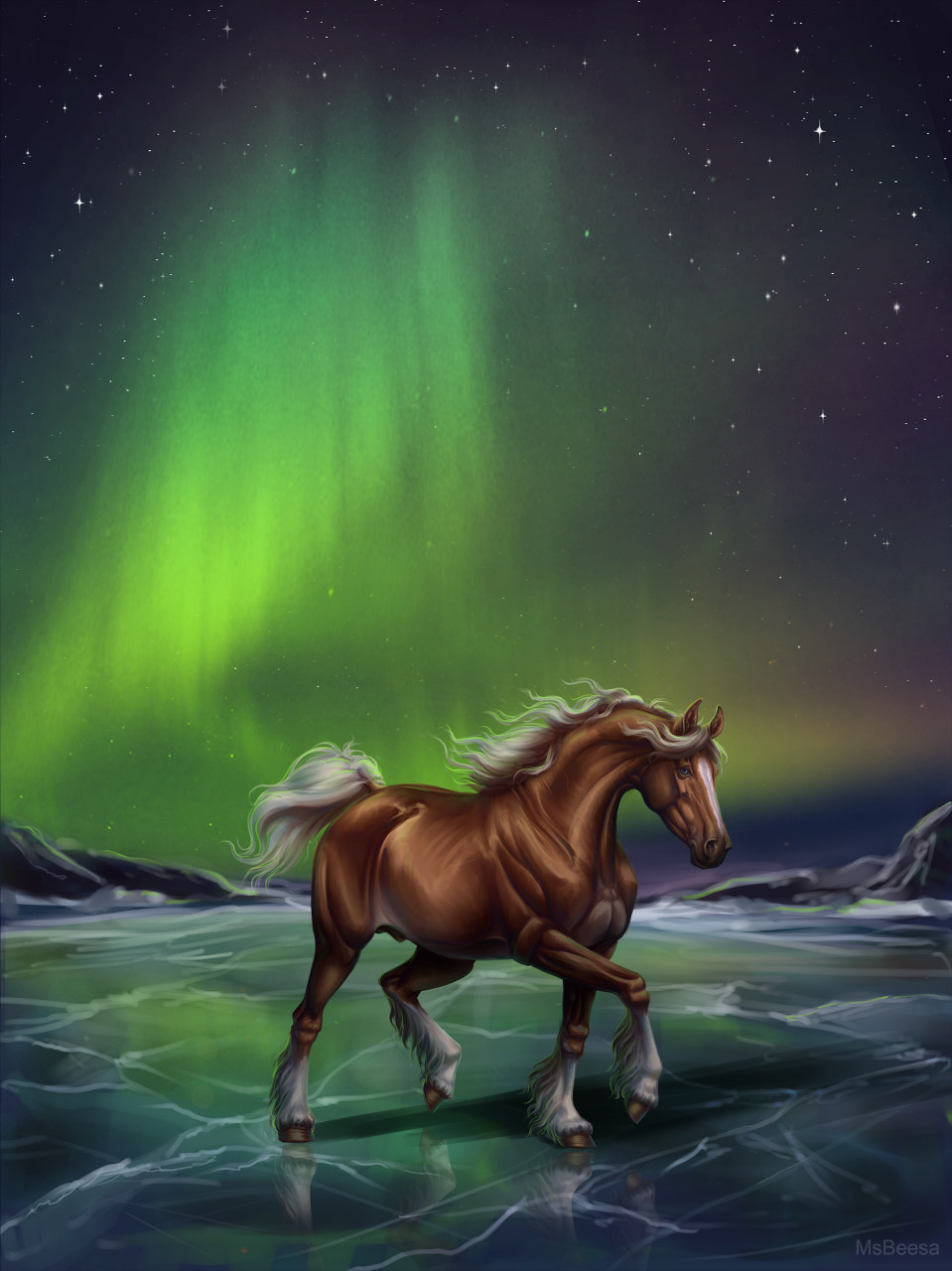 aurora_borealis beesa blue_eyes dolehest equid equine feral hi_res horse ice male mammal maxym_(bloopertrooper) night snow solo star trotting winter