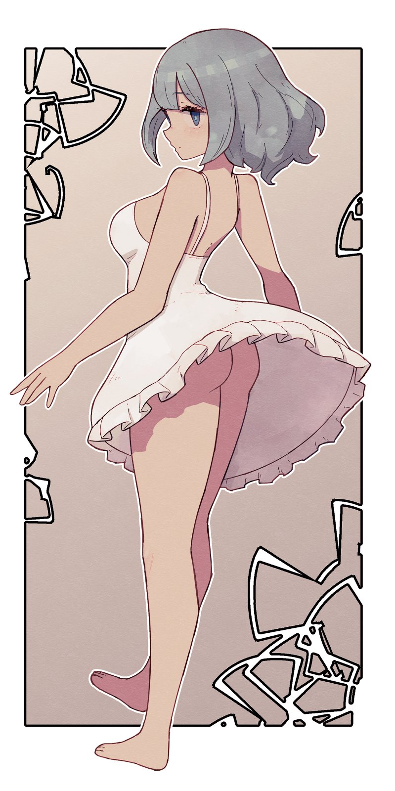 ass, bangs, bare arms, barefoot, blue eyes, breasts, closed mouth, dress, eyebrows visible through hair, female, full body, grey hair, highres, lamb-oic029, legs, light smile, looking at viewer, medium breasts, no panties, original, short hair, silver hair, solo, spaghetti strap, standing, white dress